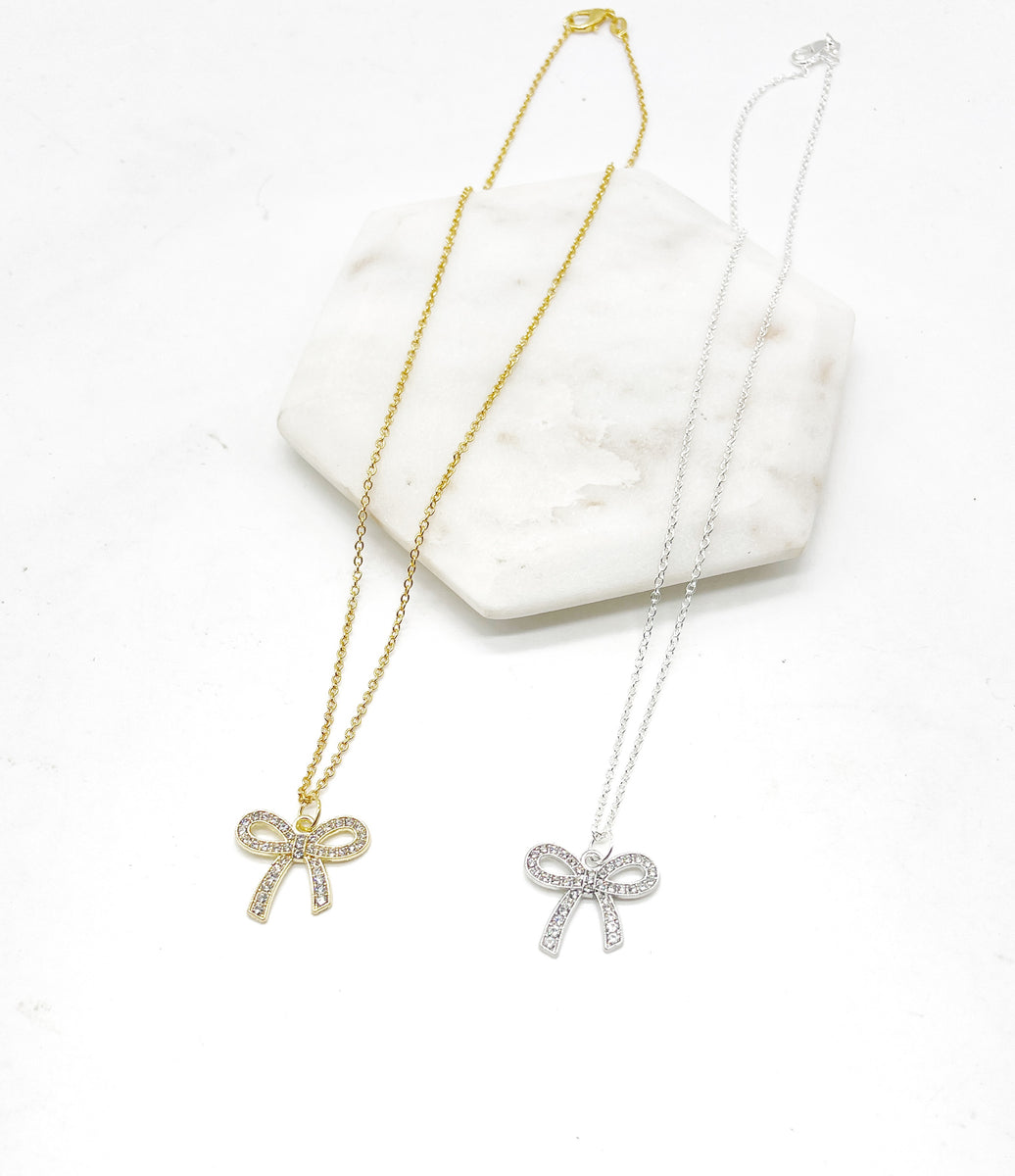 Rhinestone Gold Bow Necklace – Baubles By B