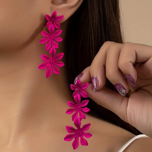 Hot Pink Floral Trio Metal Earrings