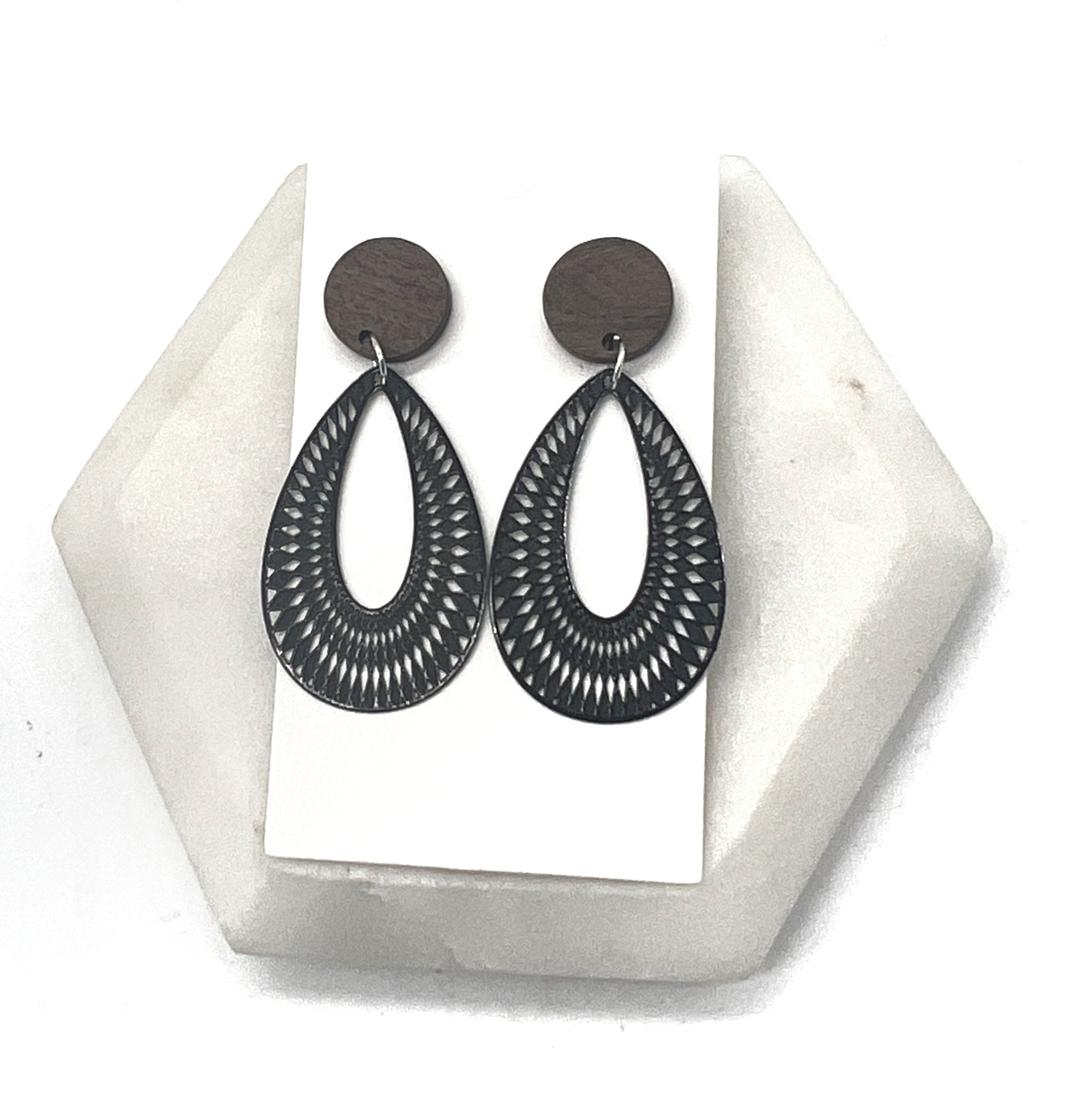 Black and Wood Teardrop Earrings