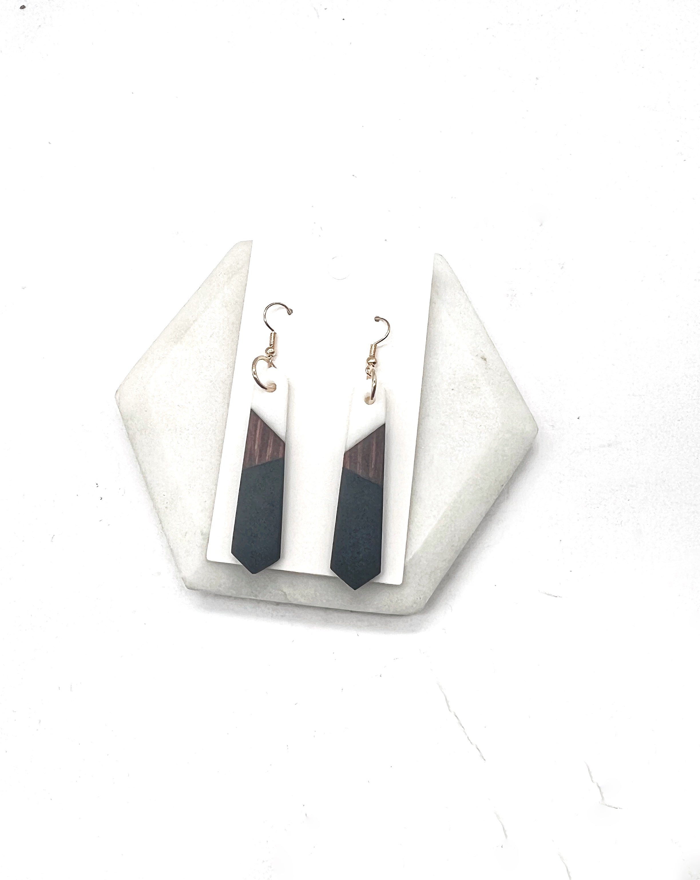 Black White Wood Resin Pixie Earrings