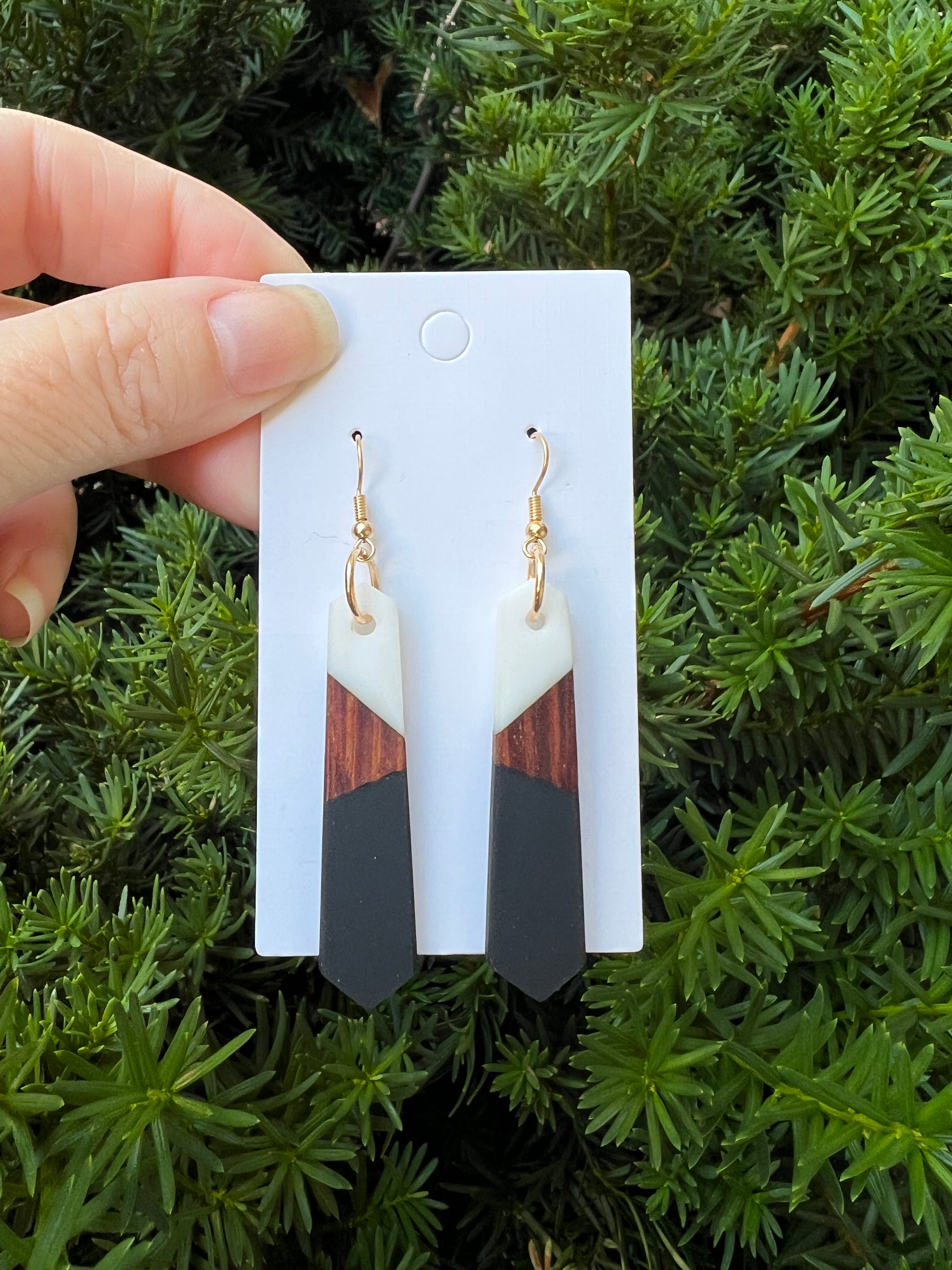 Black White Wood Resin Pixie Earrings
