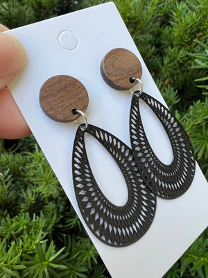 Black and Wood Teardrop Earrings