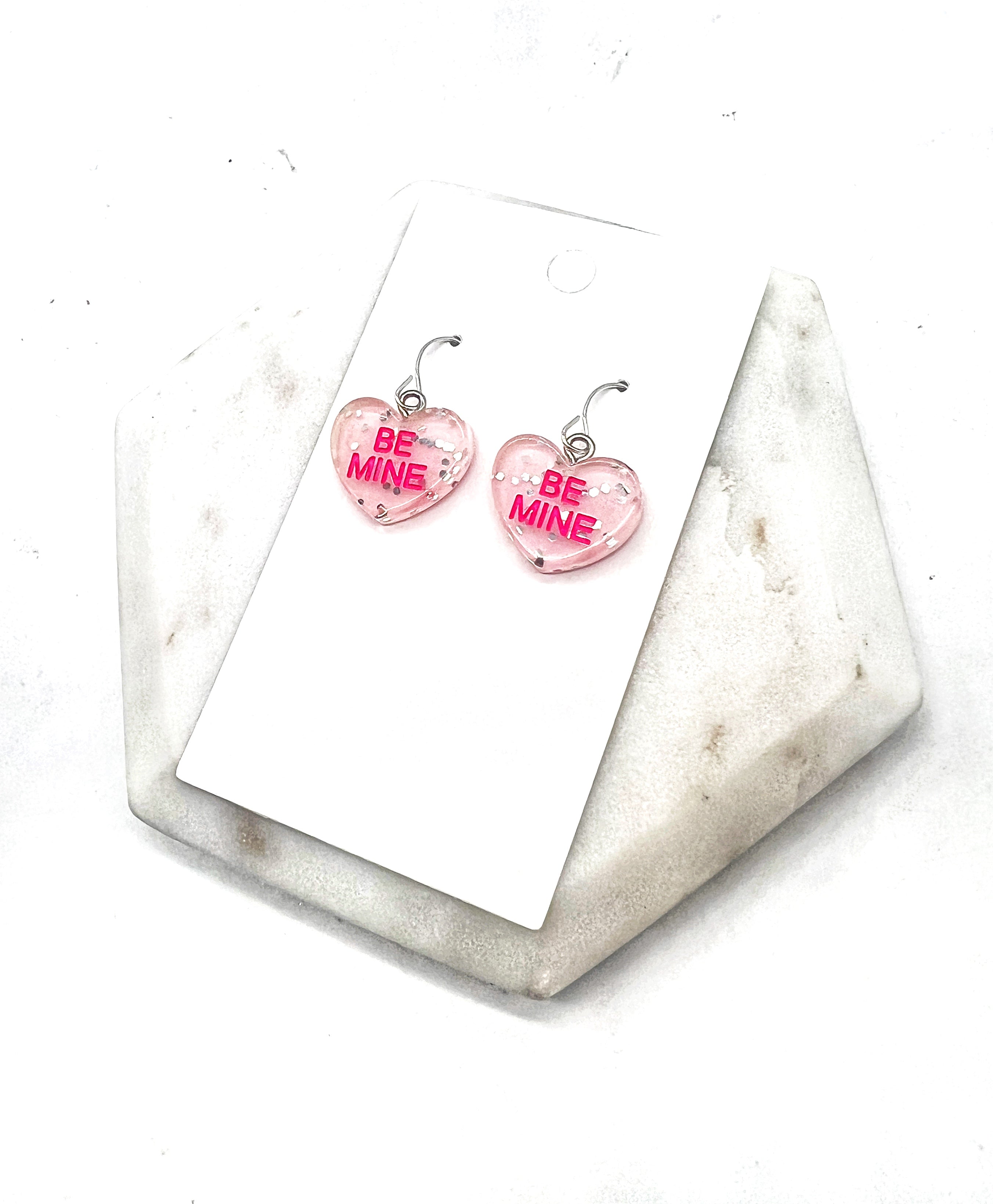 Glitter Pink Be Mine Conversation Heart Earrings