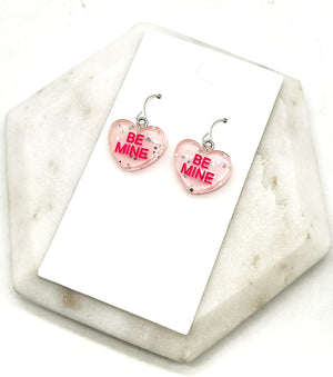 Glitter Pink Be Mine Conversation Heart Earrings