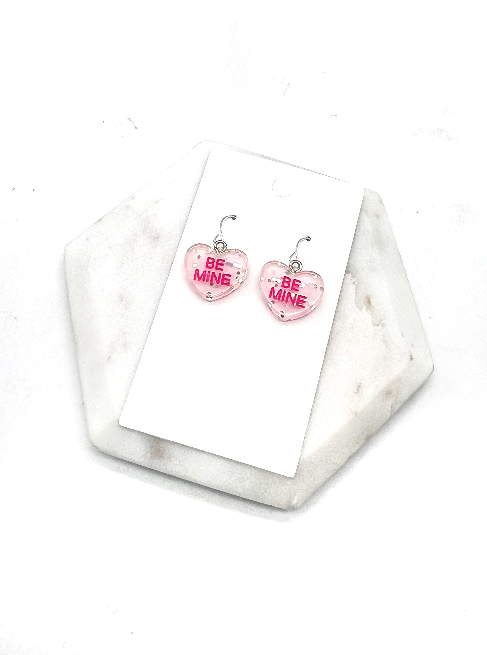 Glitter Pink Be Mine Conversation Heart Earrings