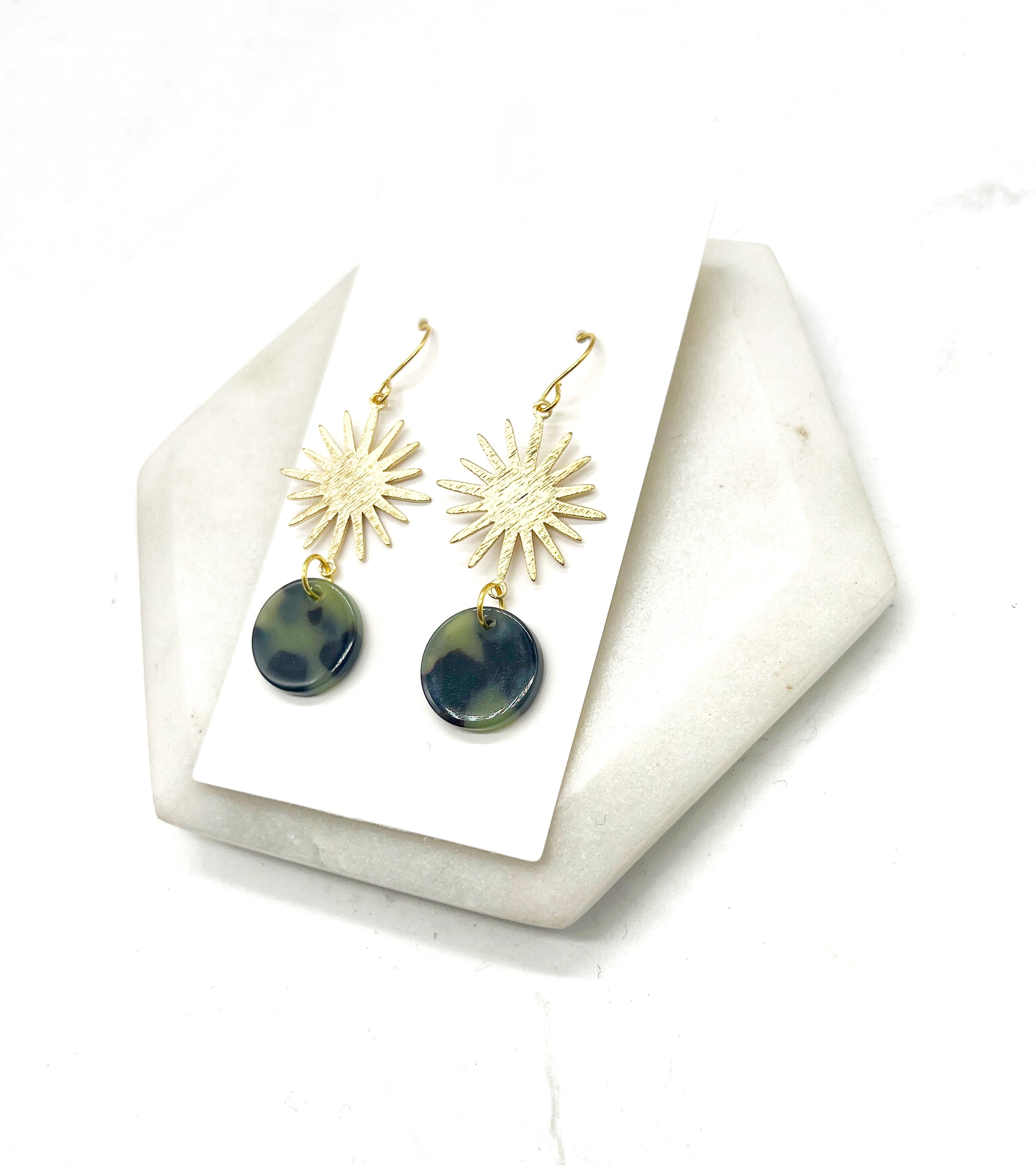 Olive Green Gold Sunburst Earrings