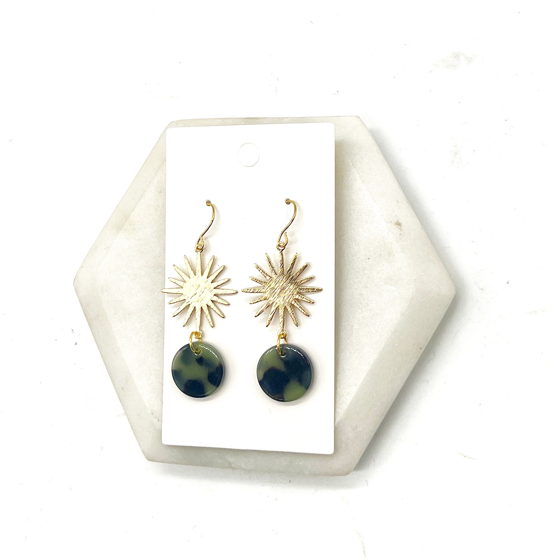 Olive Green Gold Sunburst Earrings