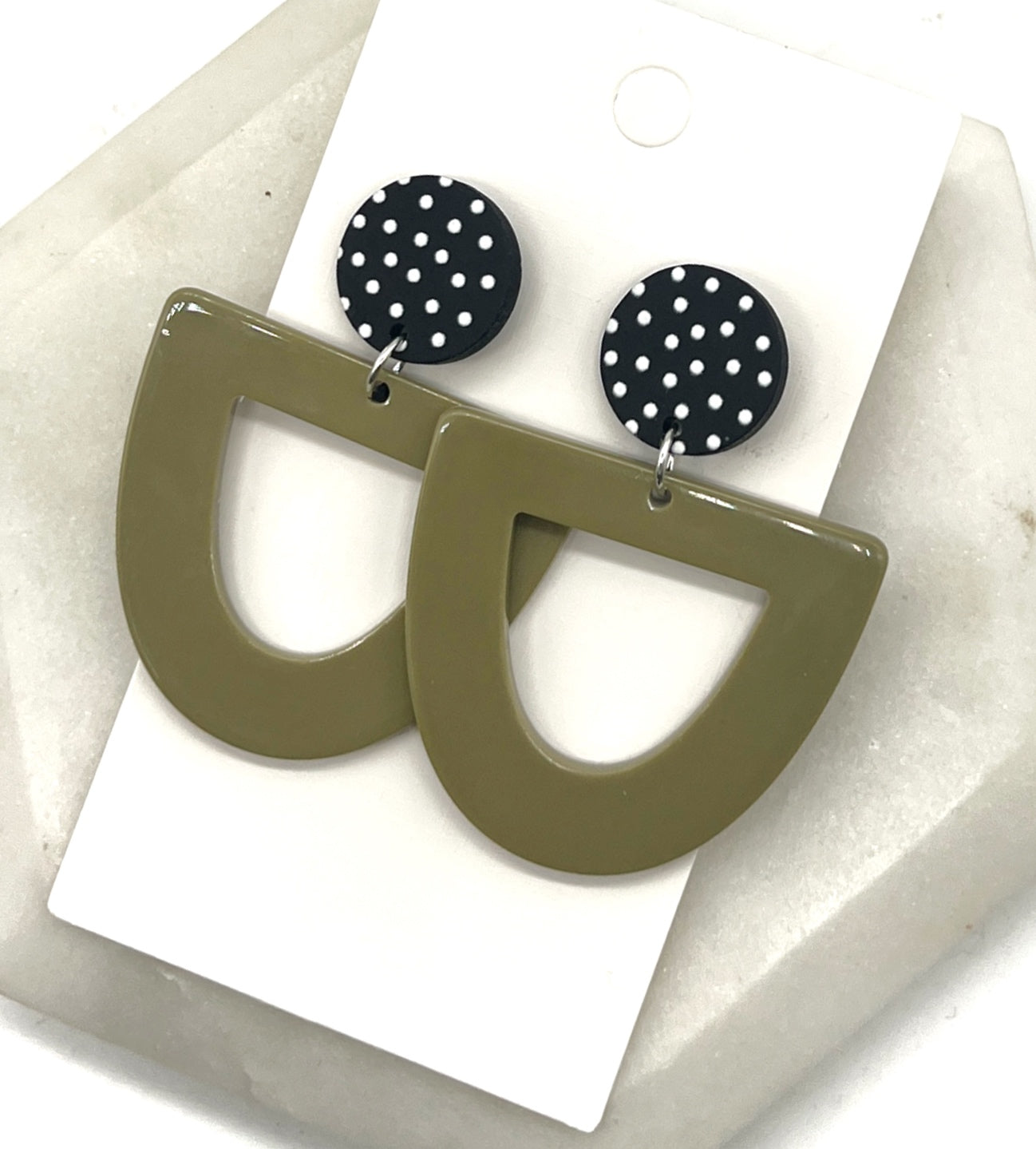 Olive Green Spotted Acrylic Deco Drop Earrings