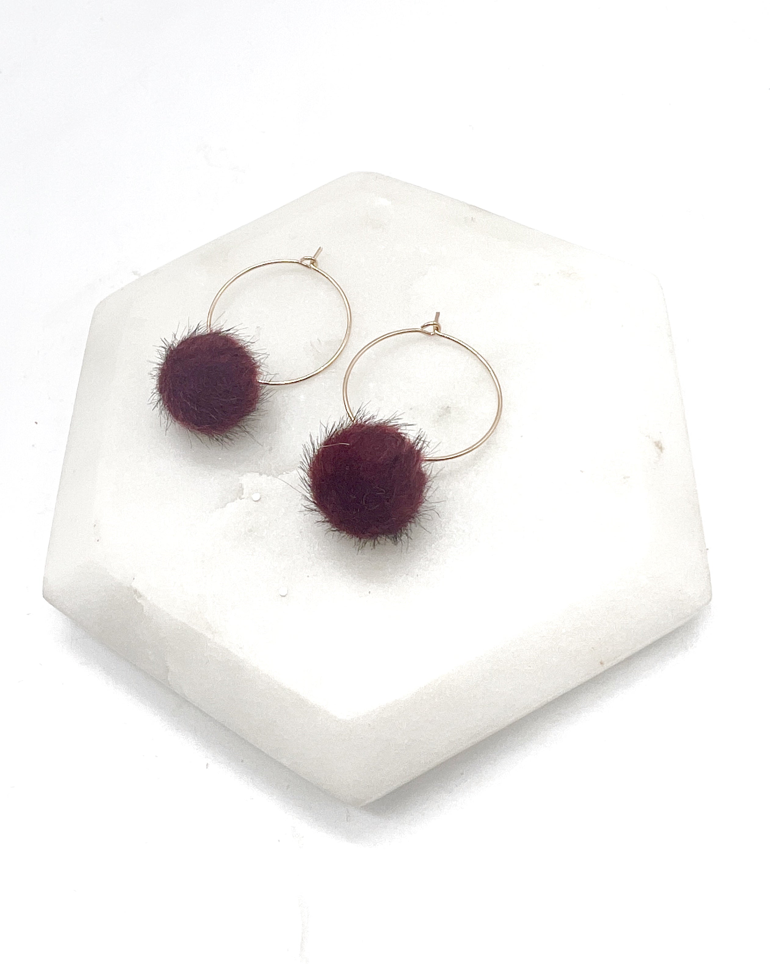 Maroon Pom Hoop Earrings