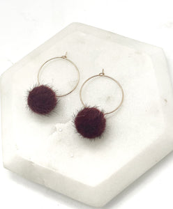 Maroon Pom Hoop Earrings