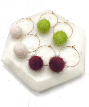 Maroon Pom Hoop Earrings