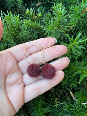 Maroon Pom Hoop Earrings