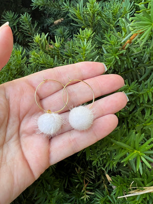 Ivory Pom Hoop Earrings