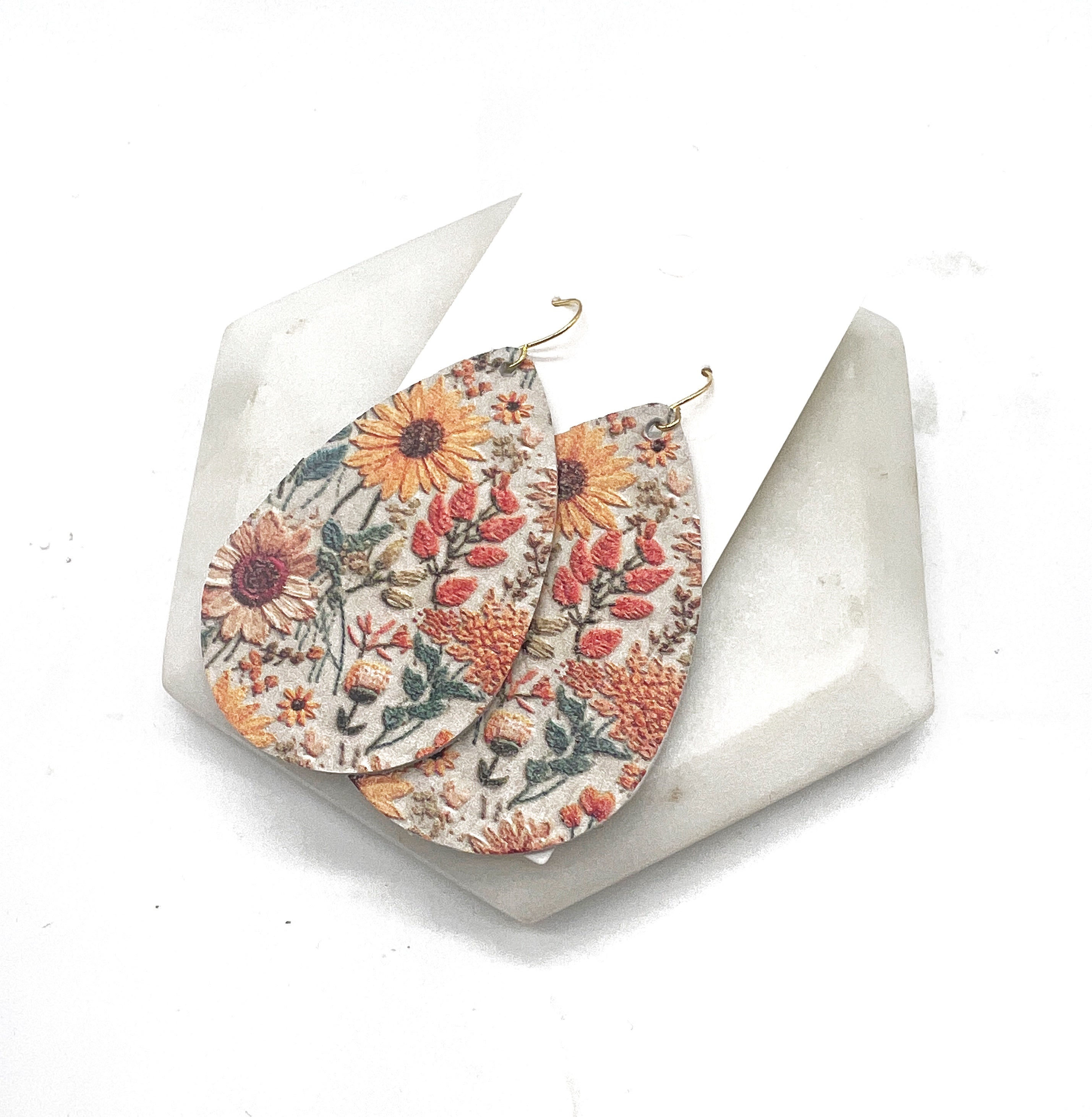 Embroidered Sunflower Leather Teardrop