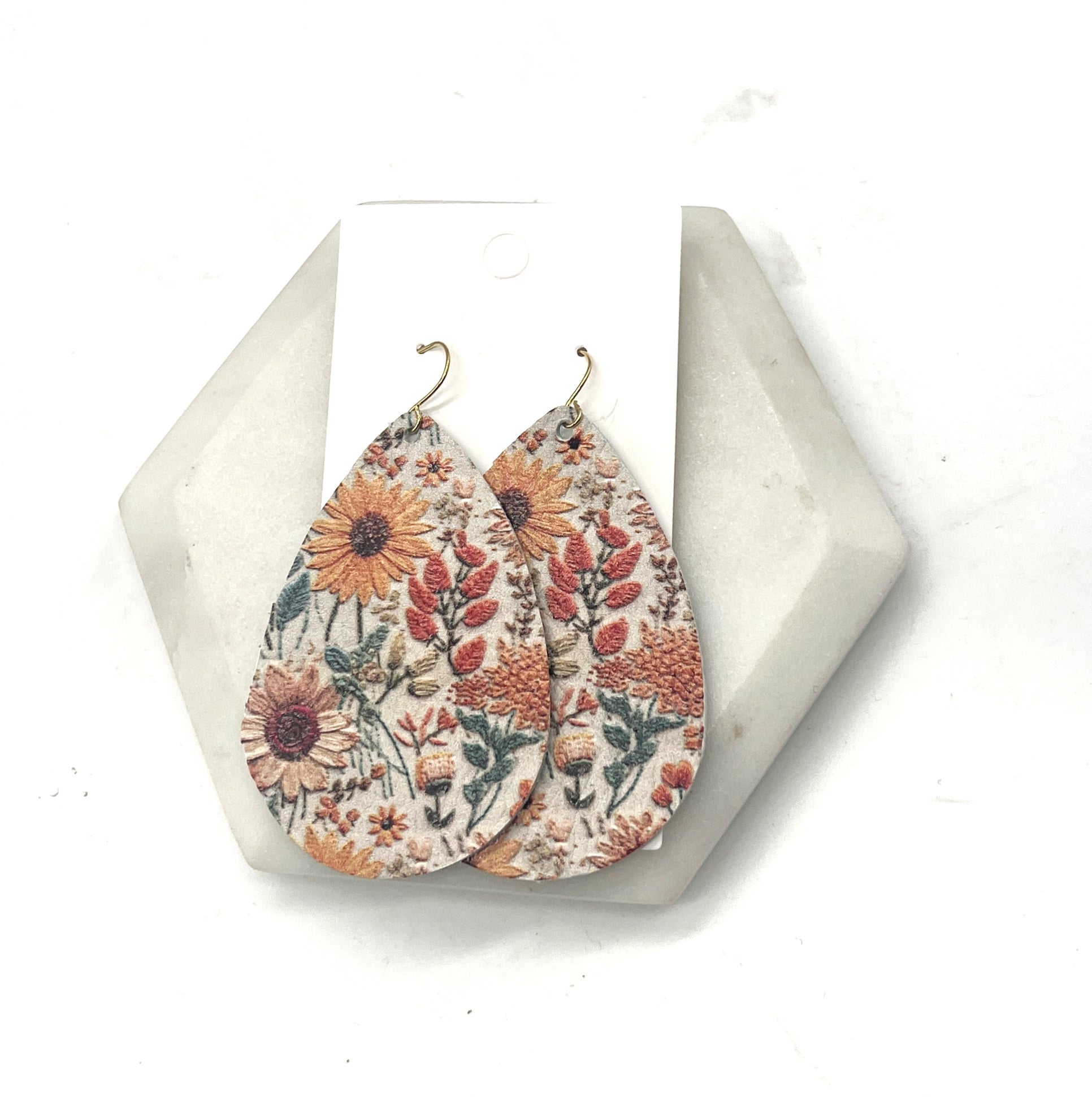 Embroidered Sunflower Leather Teardrop