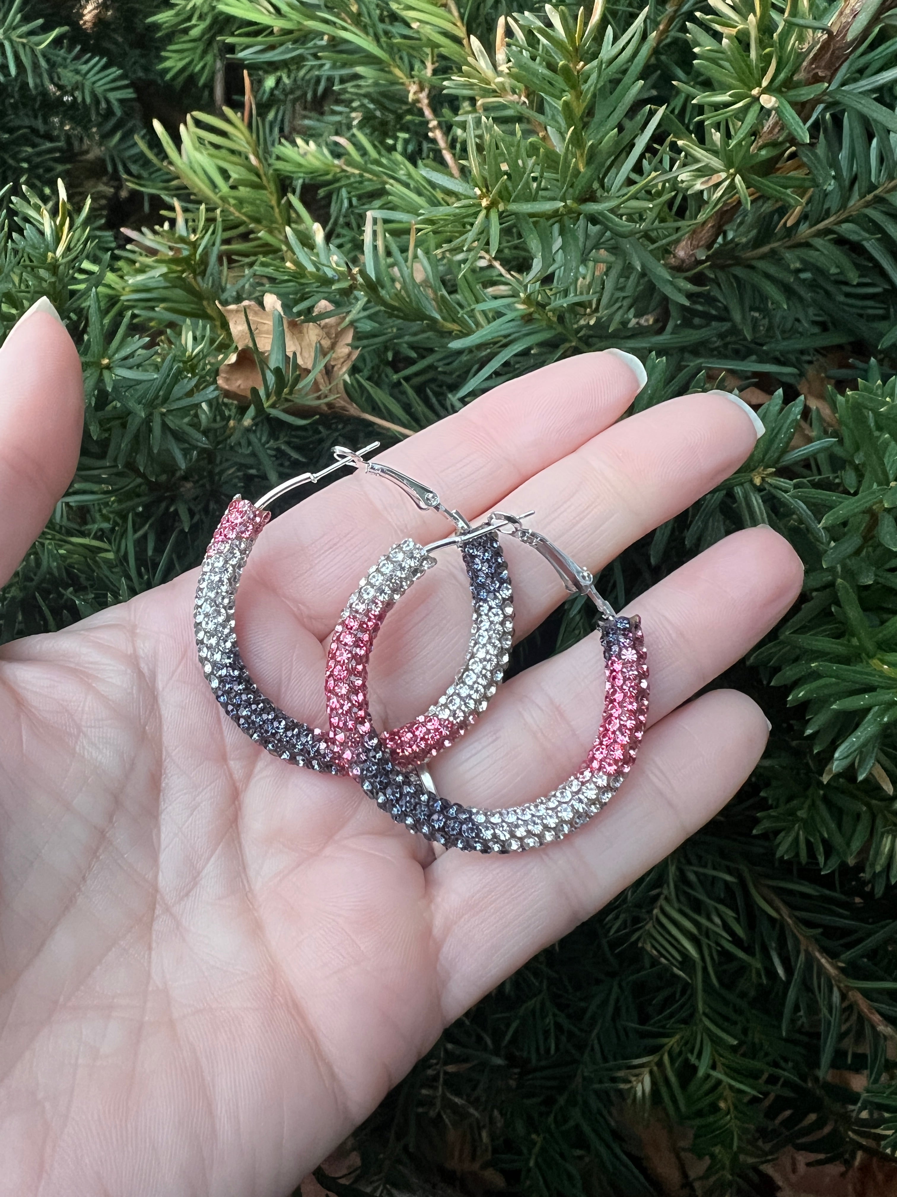 Black Pink Silver Striped Glitter Hoop Earrings