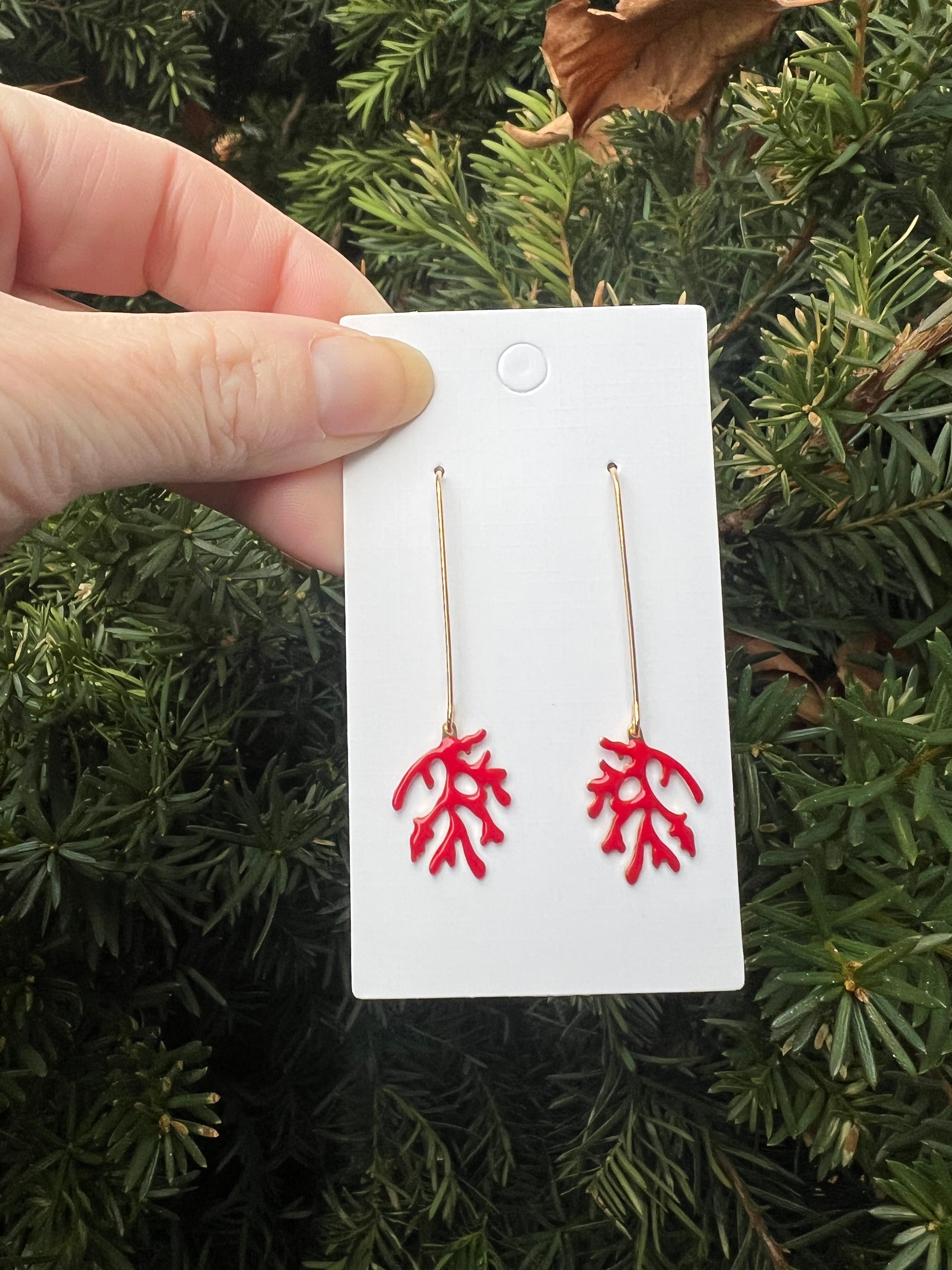 Red Coral Long Drop Earrings