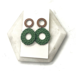 Green Rattan Wood Double Disc Earrings