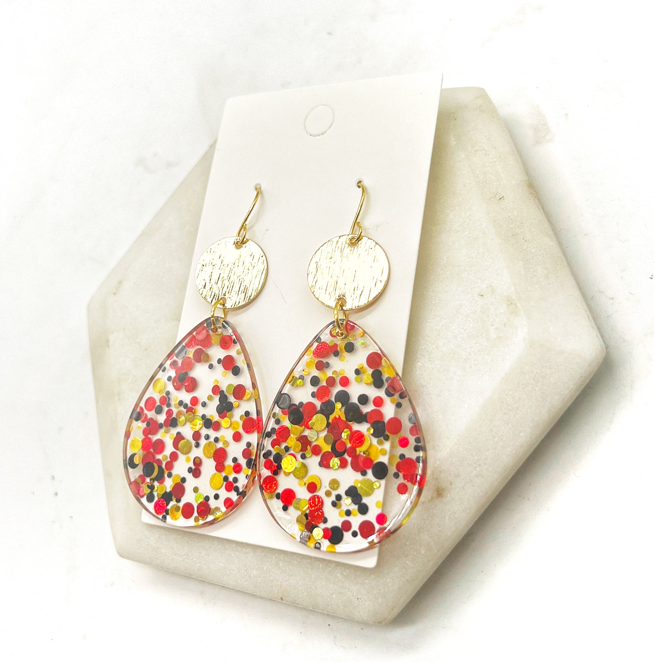 Red Gold Glitter Teardrop Acrylic Earrings