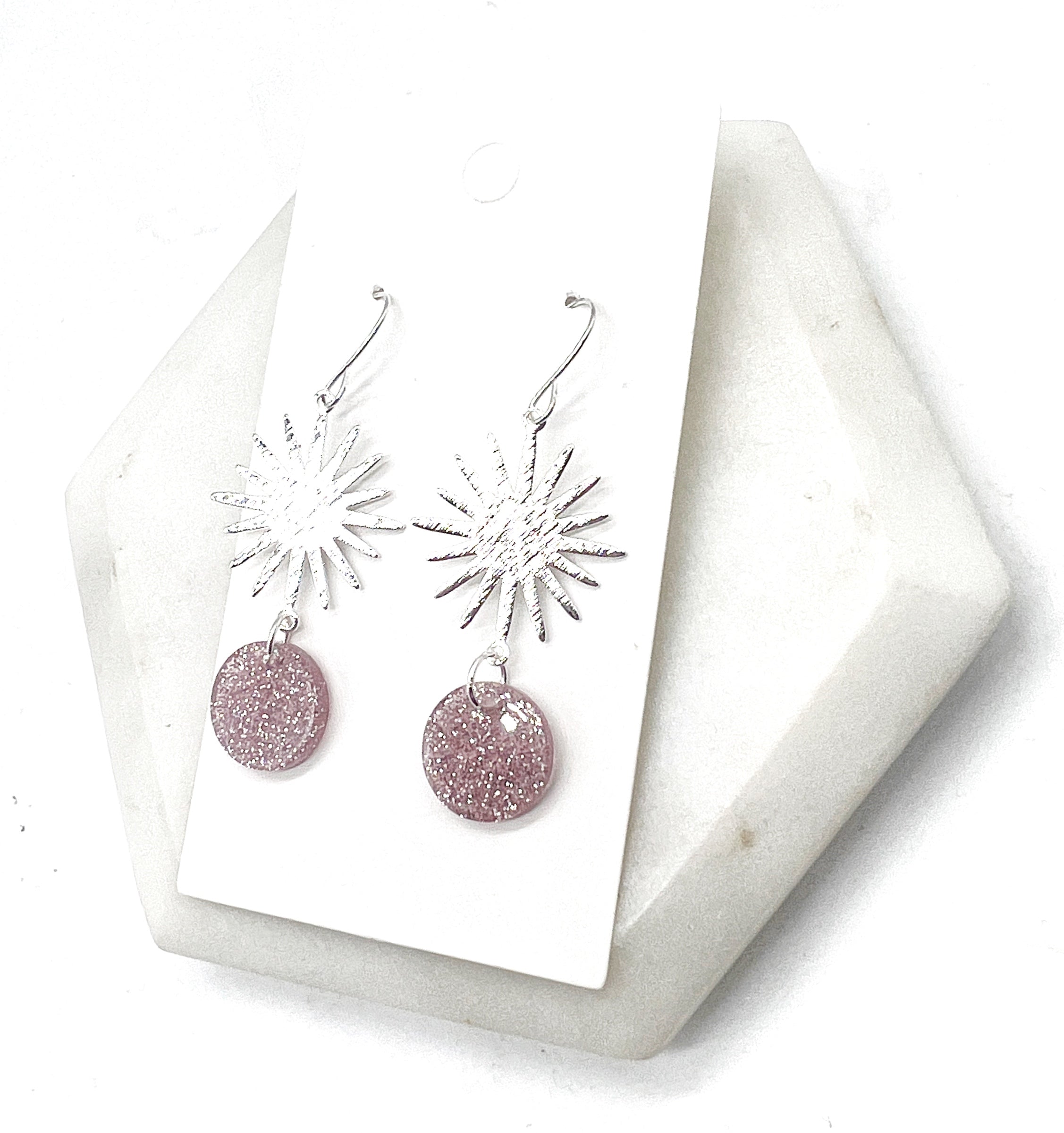 Pink Glitter Silver Sunburst Earrings