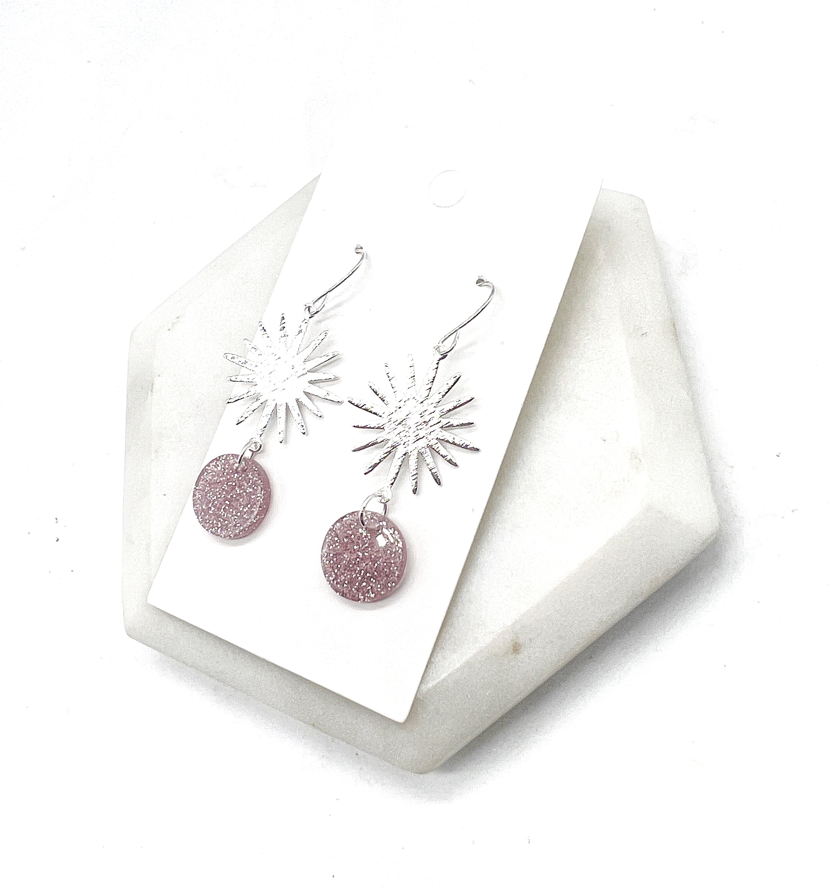 Pink Glitter Silver Sunburst Earrings