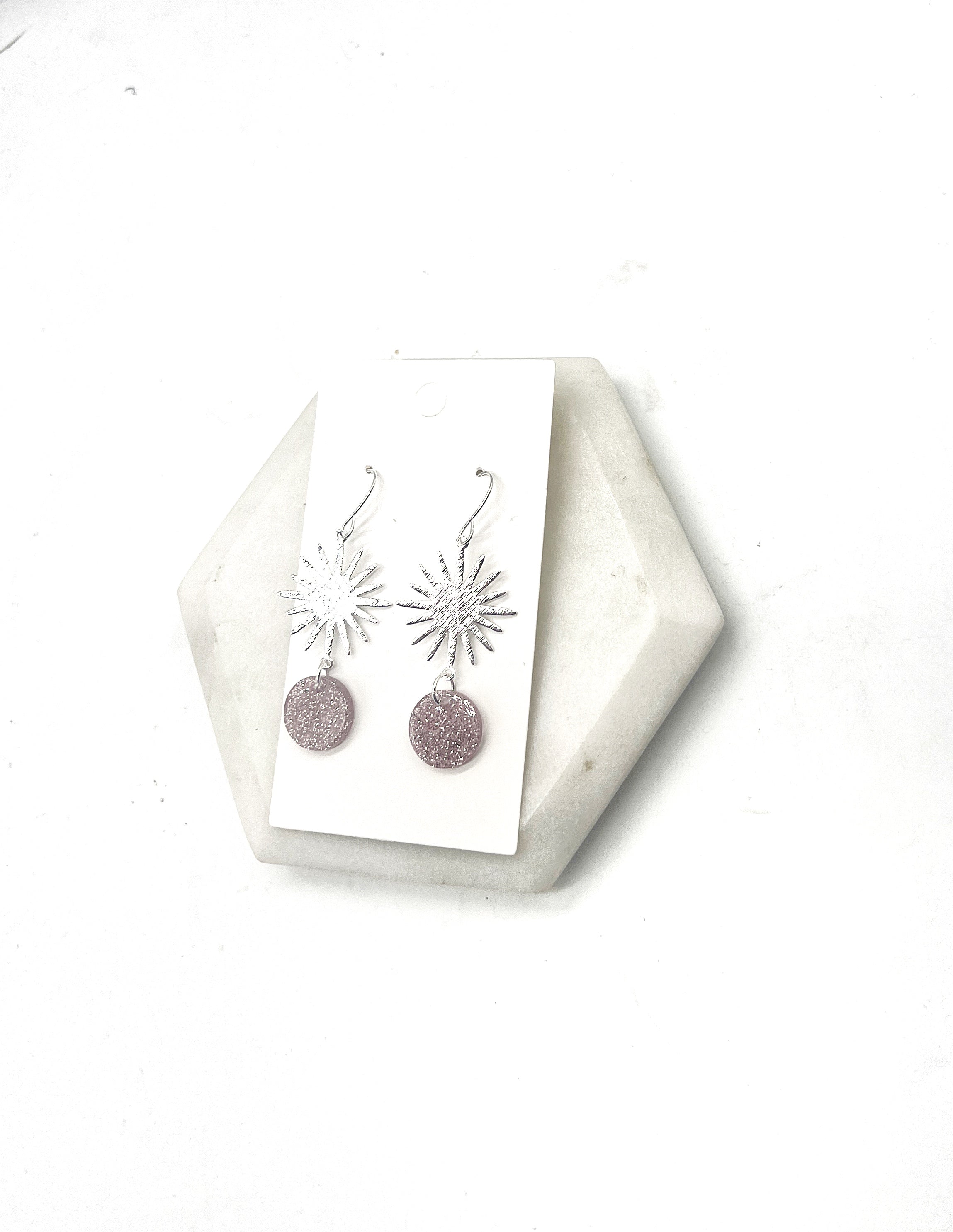 Pink Glitter Silver Sunburst Earrings