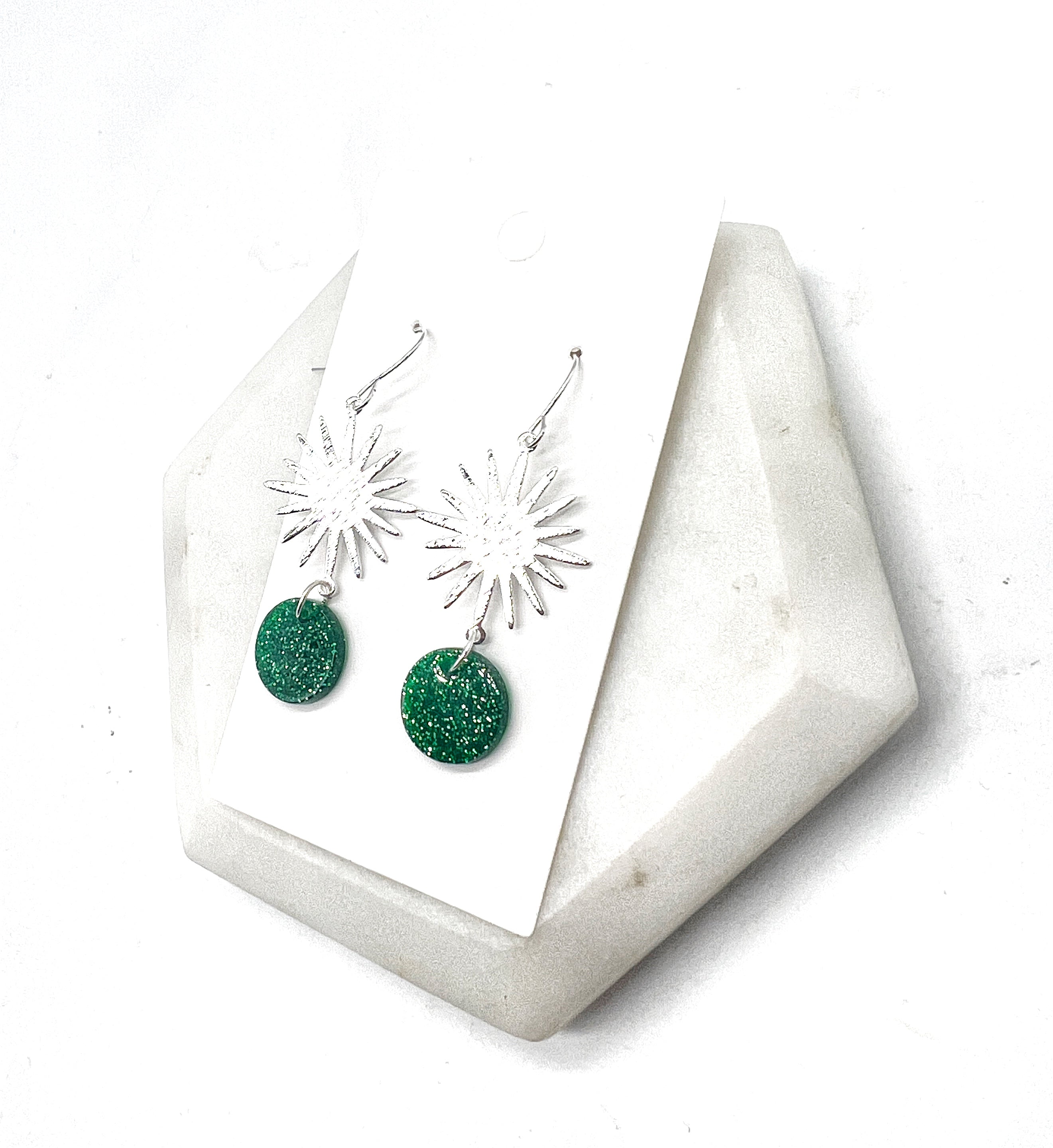 Emerald Green Silver Sunburst Earrings