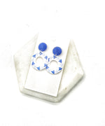 Blue White Flourish Acrylic Circle Earrings
