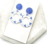Blue White Flourish Acrylic Circle Earrings