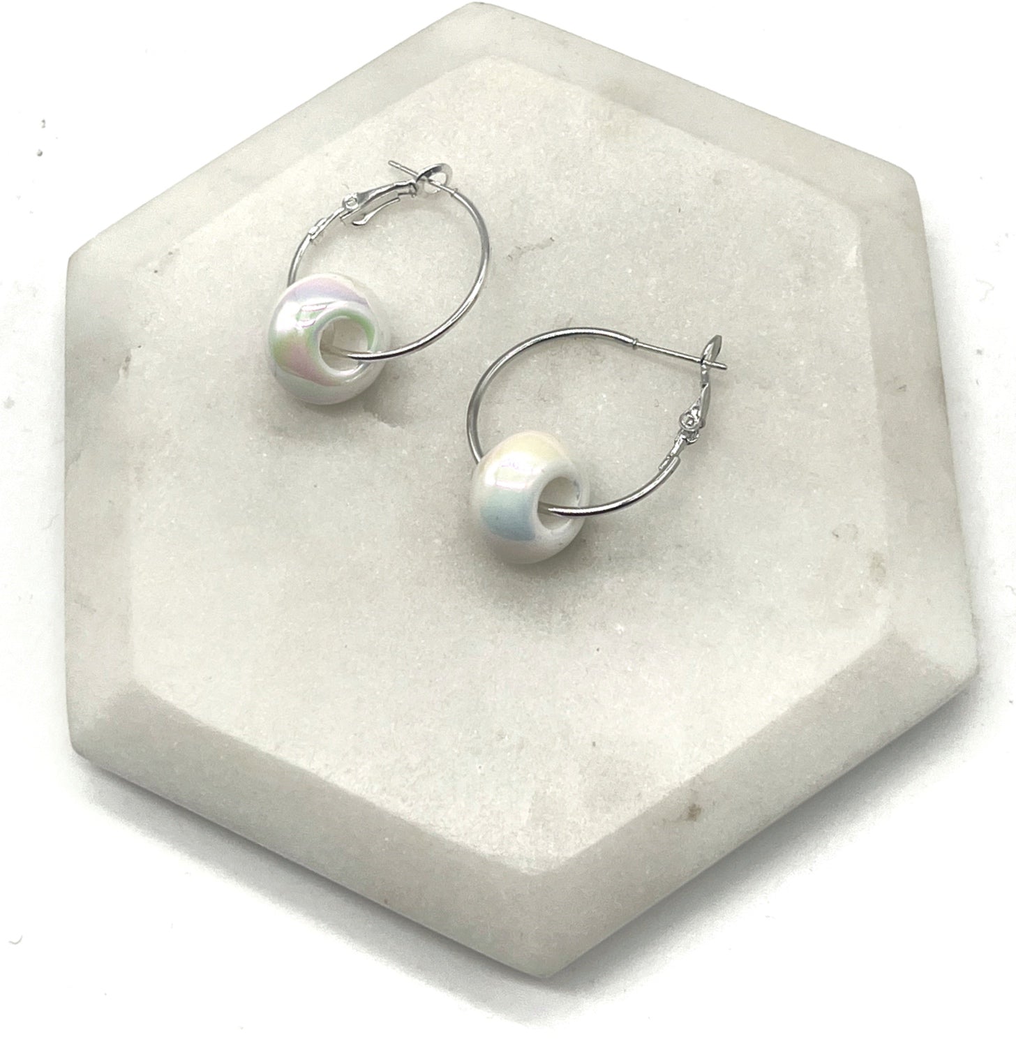 Iridescent White Bead Hoop Earrings