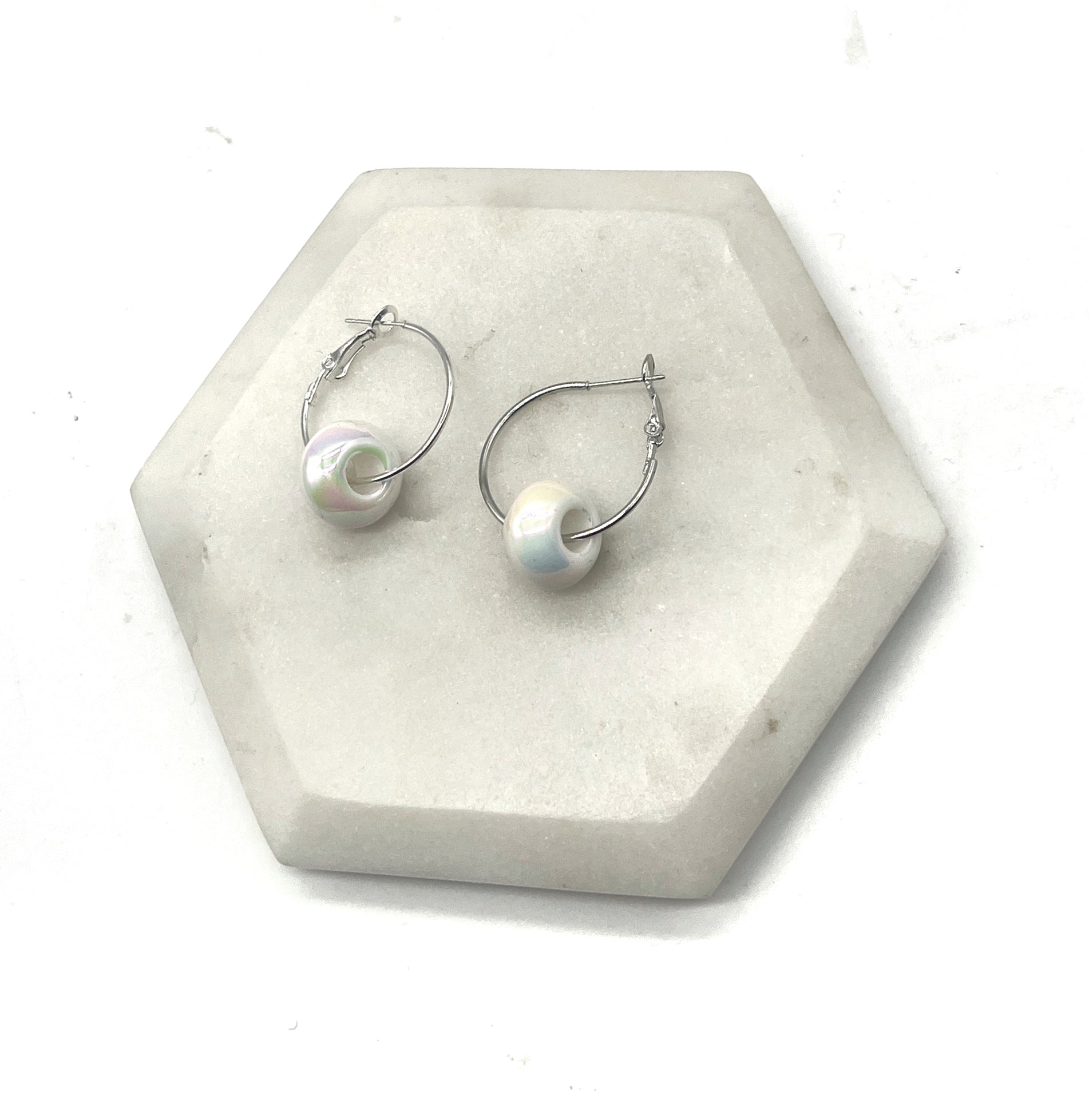 Iridescent White Bead Hoop Earrings