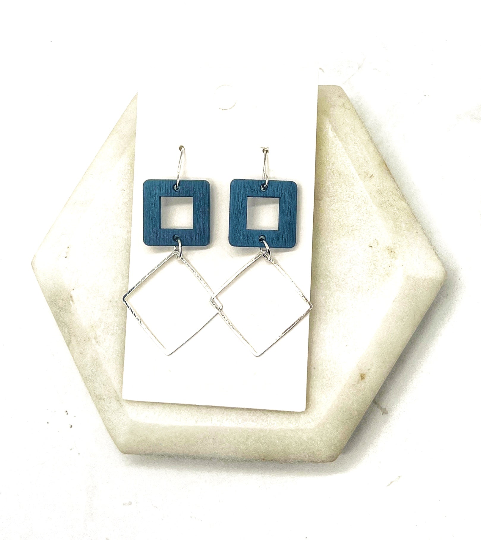 Navy Blue Silver Square Duo Earrings
