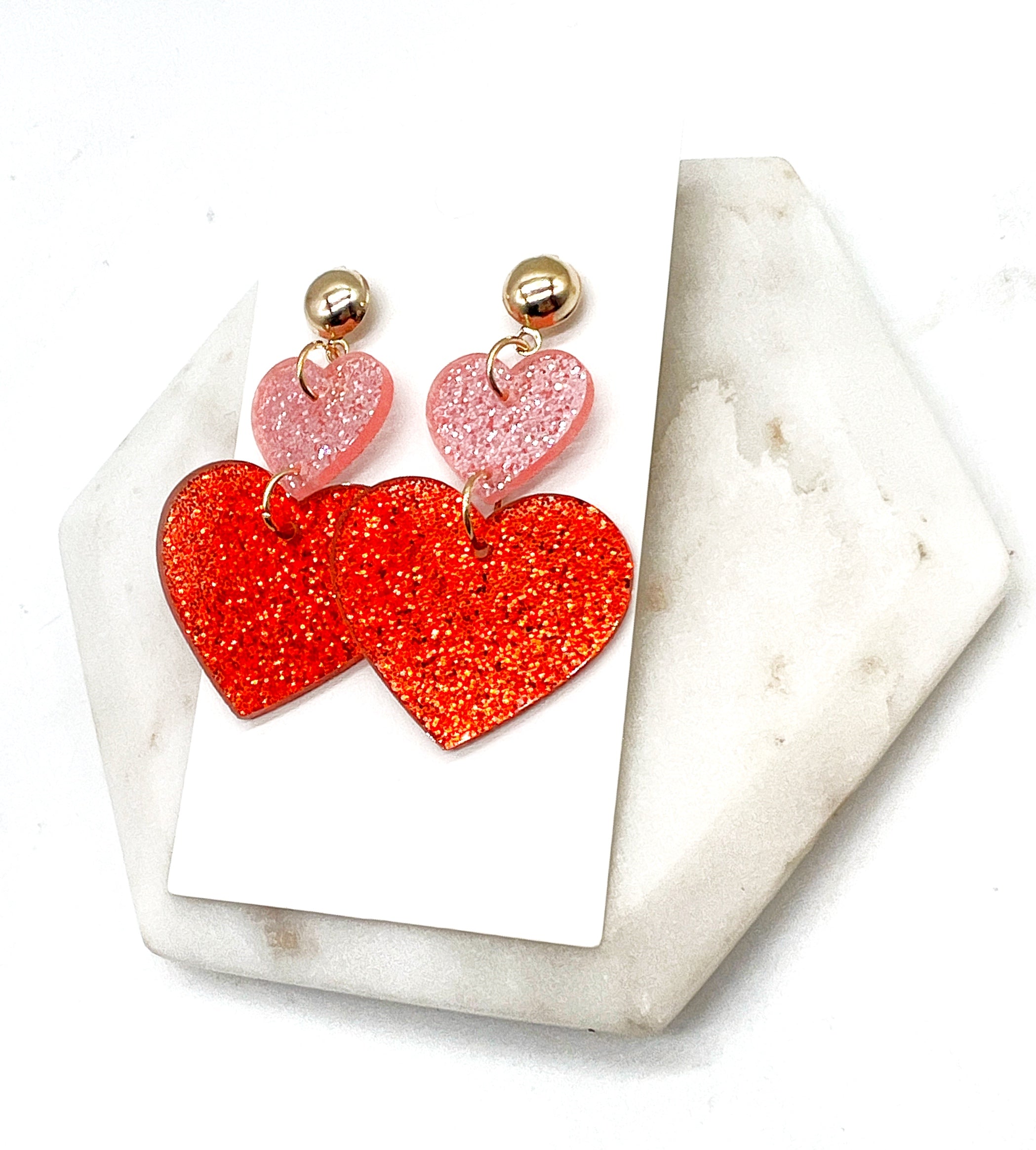 Pink Red Double Heart Glitter Acrylic Earrings