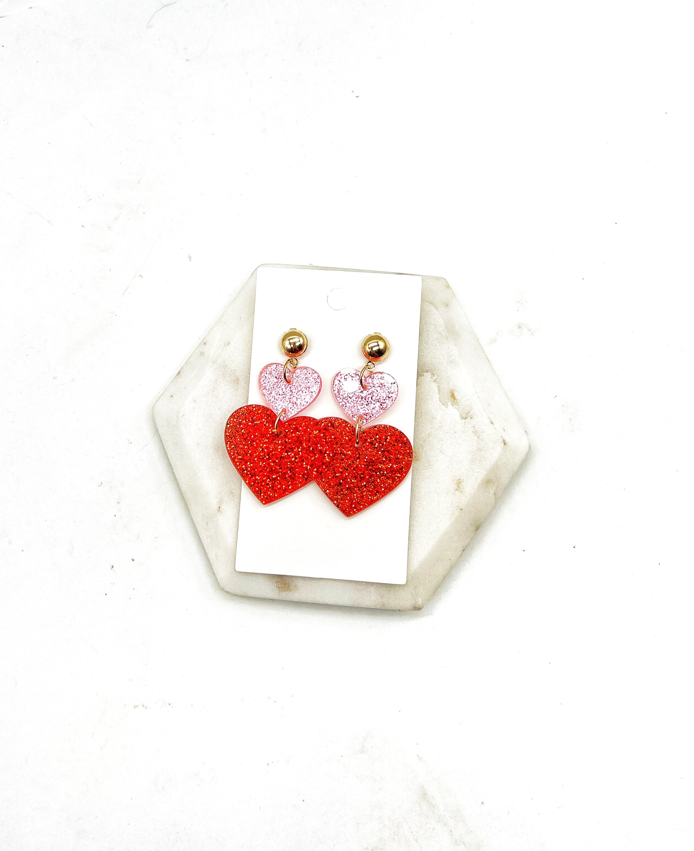 Pink Red Double Heart Glitter Acrylic Earrings