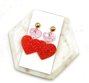 Pink Red Double Heart Glitter Acrylic Earrings