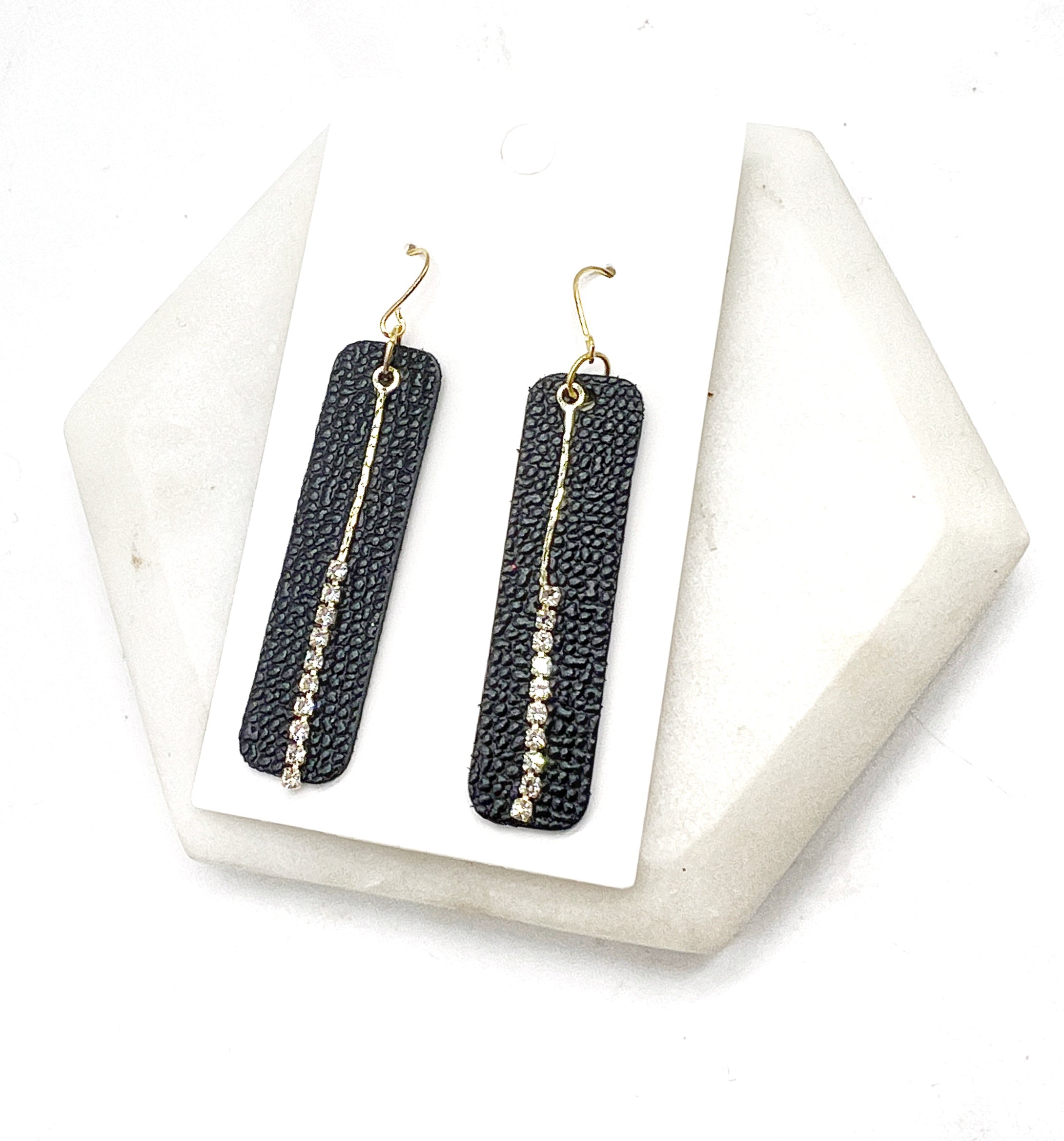 Black Bling Leather Bar Earrings