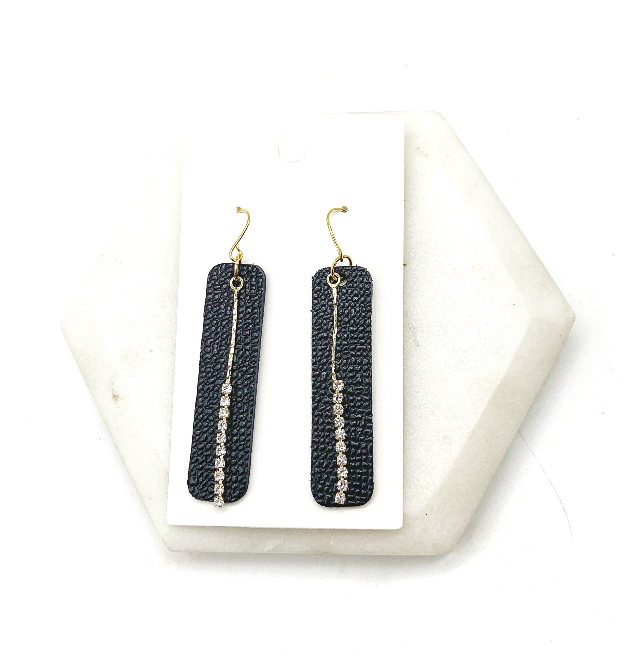 Black Bling Leather Bar Earrings