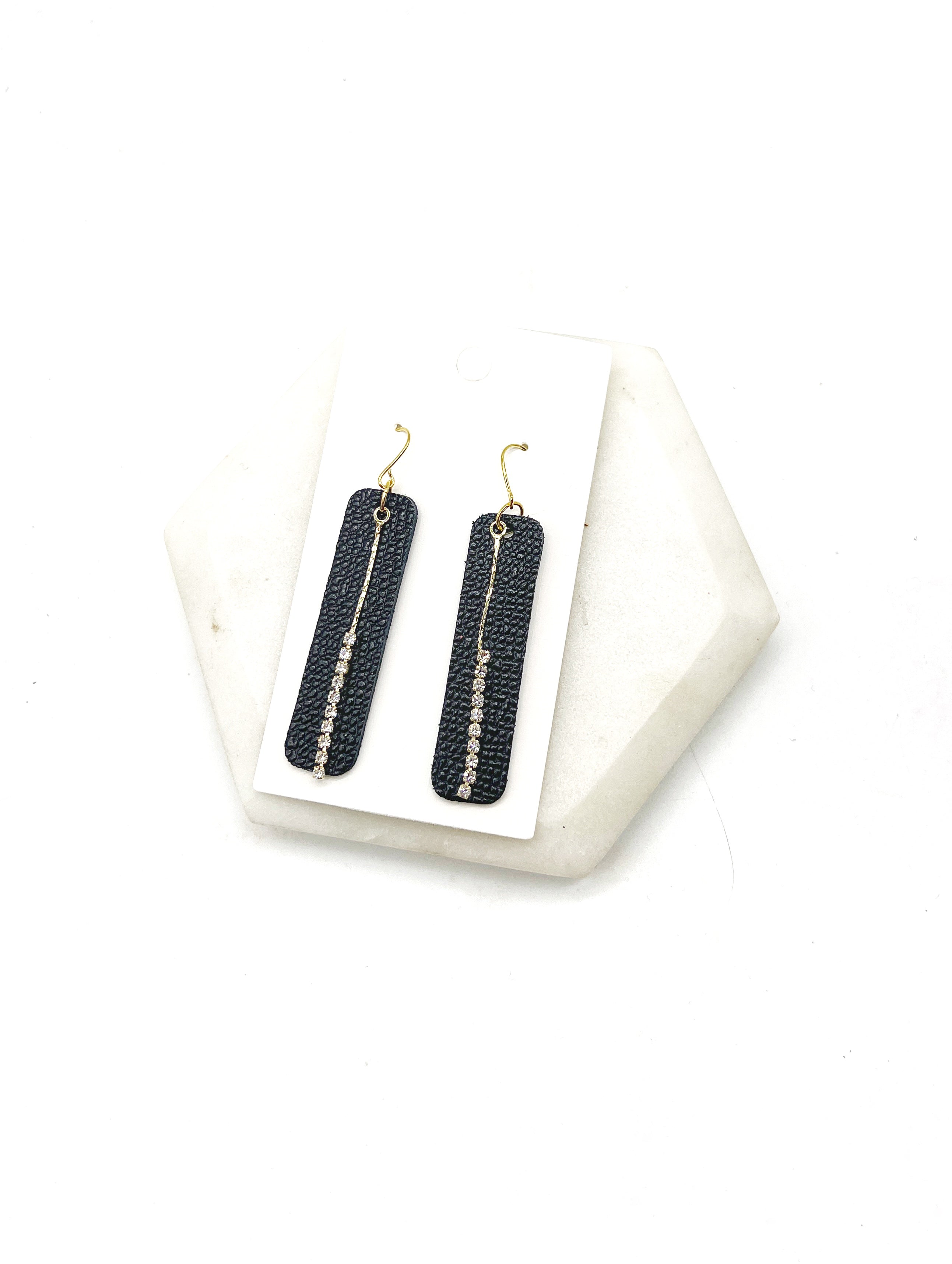 Black Bling Leather Bar Earrings