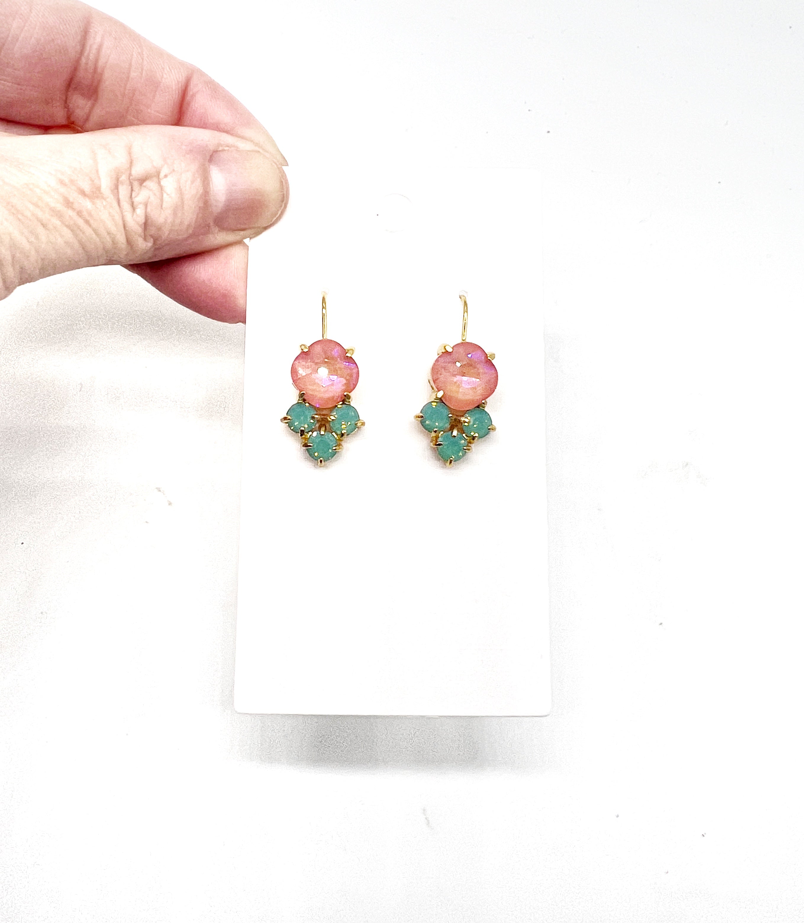 Pink Green Cluster Gemstone Earrings