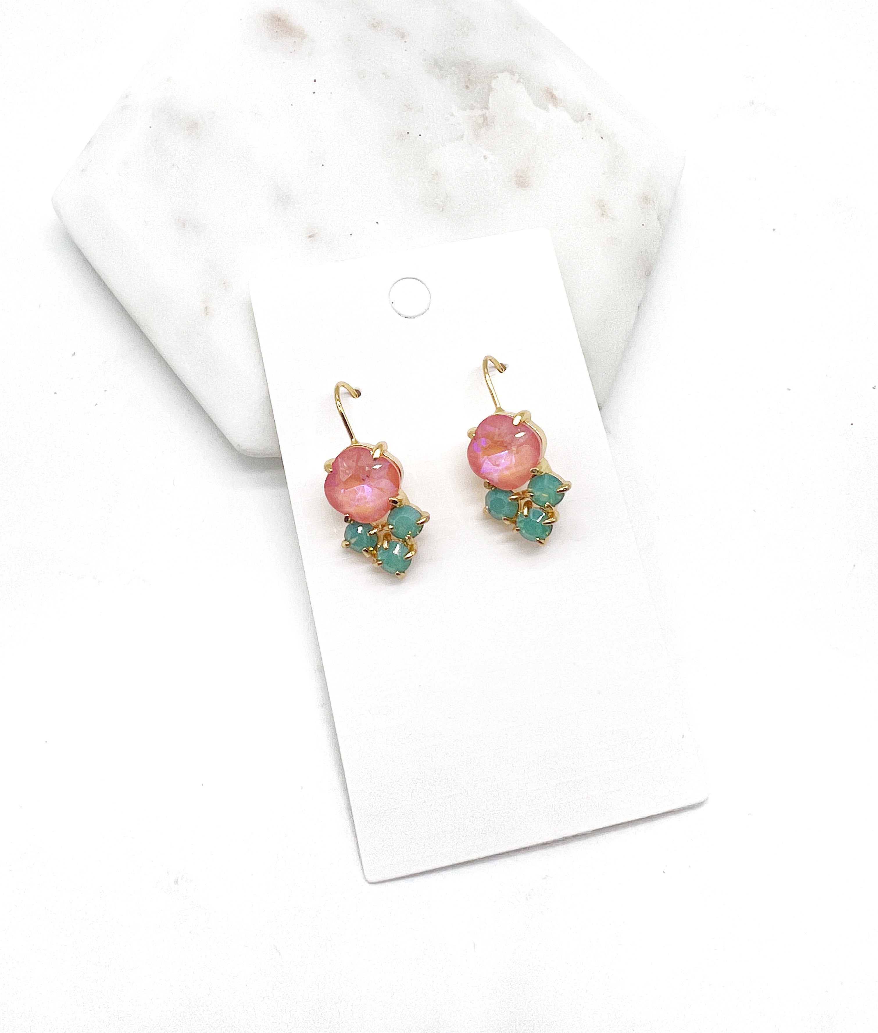 Pink Green Cluster Gemstone Earrings