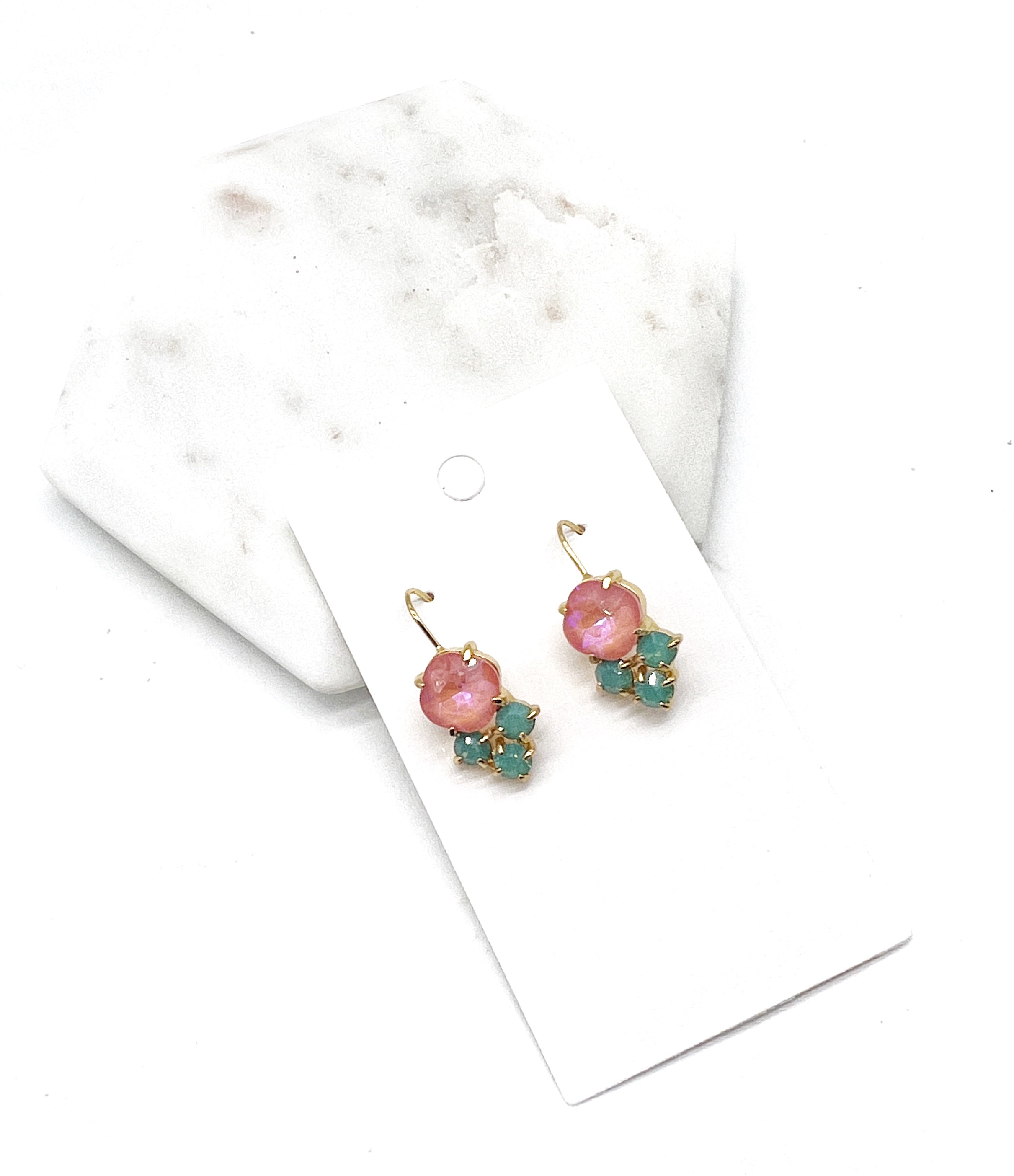 Pink Green Cluster Gemstone Earrings