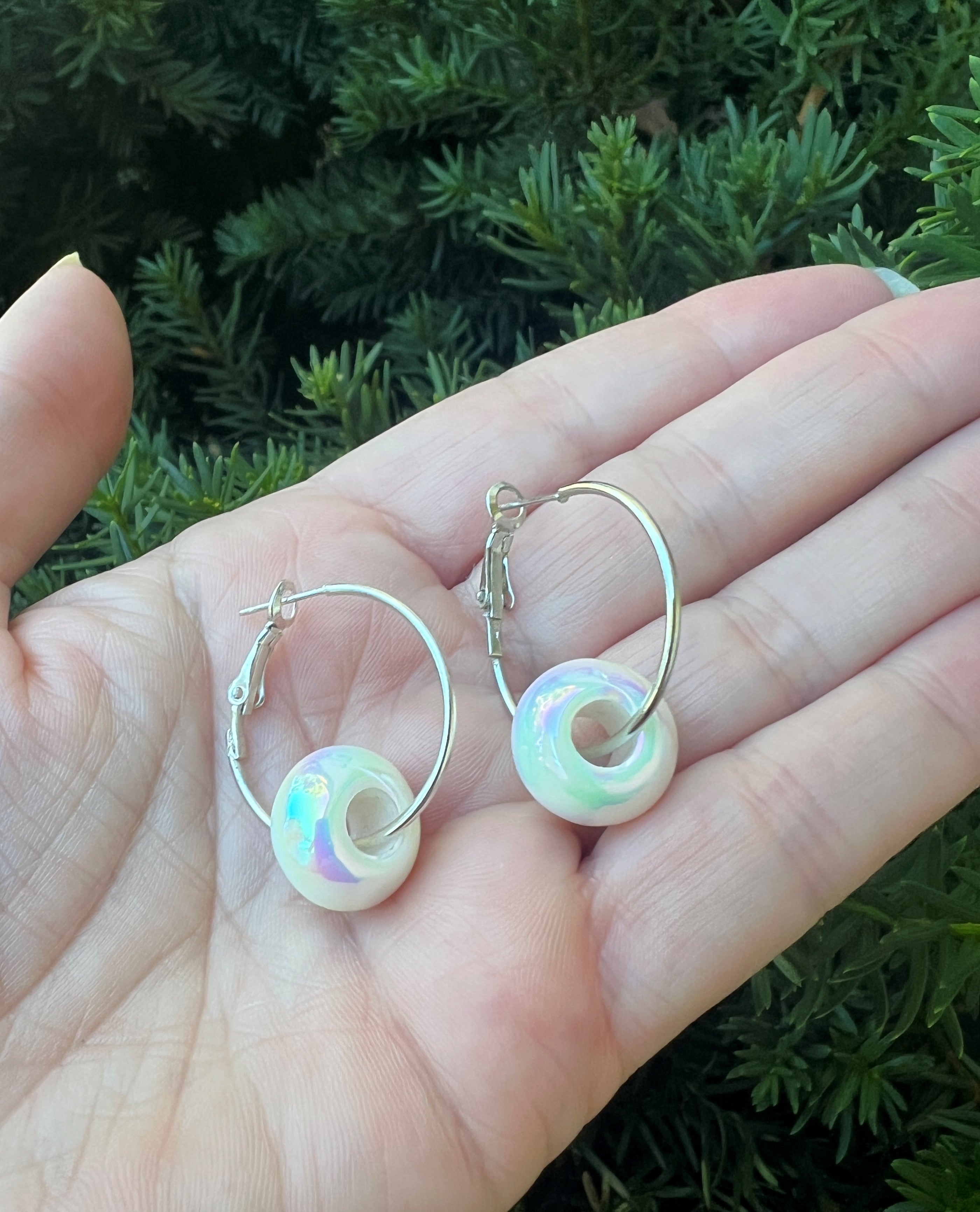 Iridescent White Bead Hoop Earrings