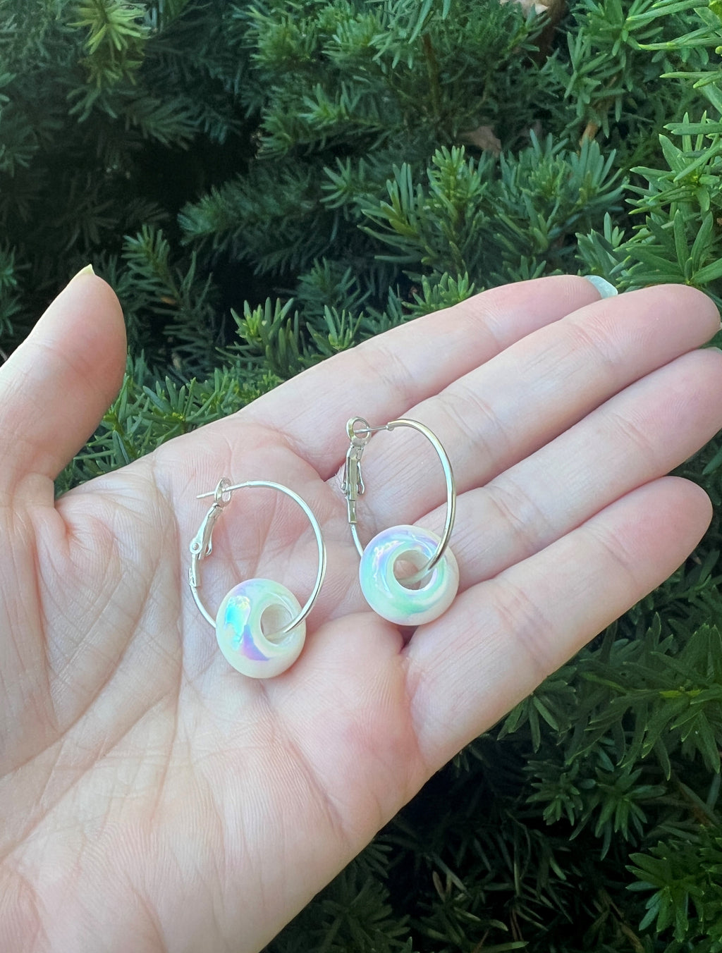 Iridescent White Bead Hoop Earrings