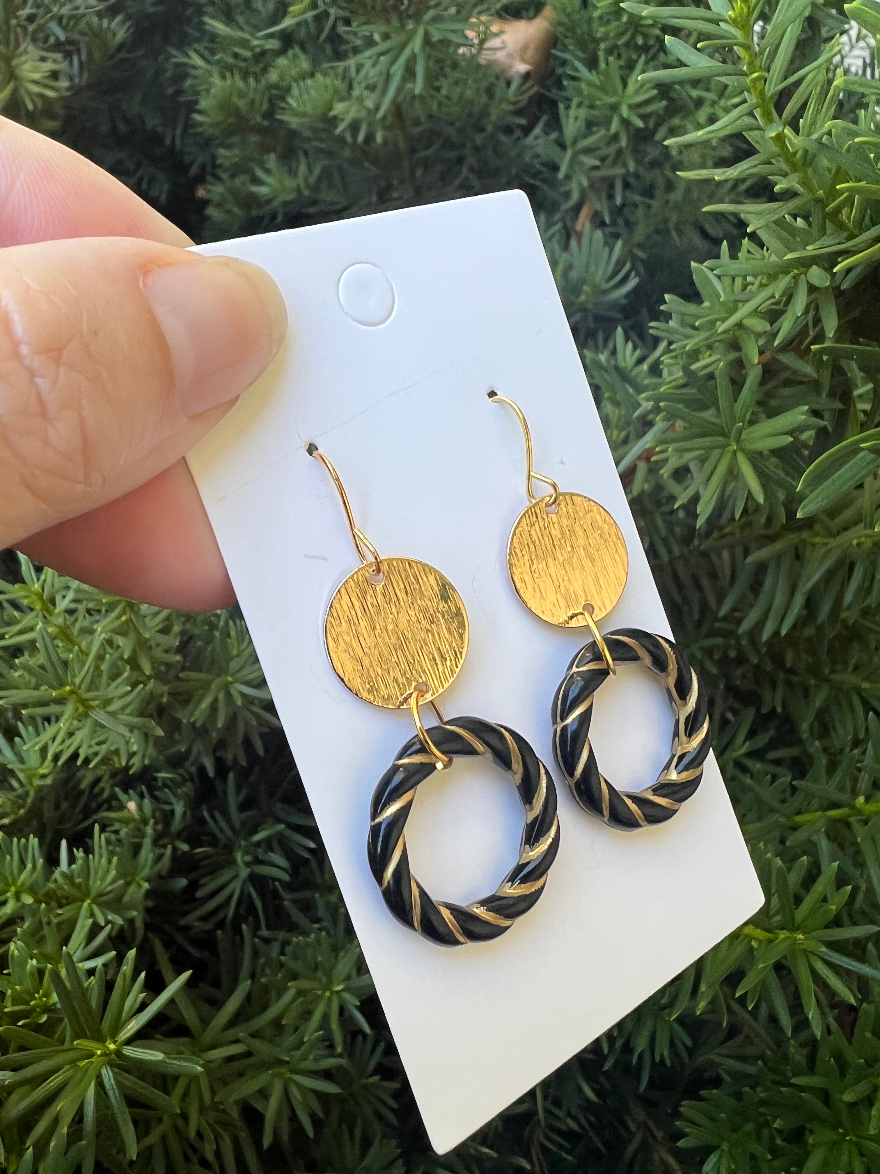 Black Gold Twist Double Disc Earrings