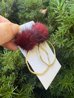 Burgundy Pom Gold Hoop Earrings