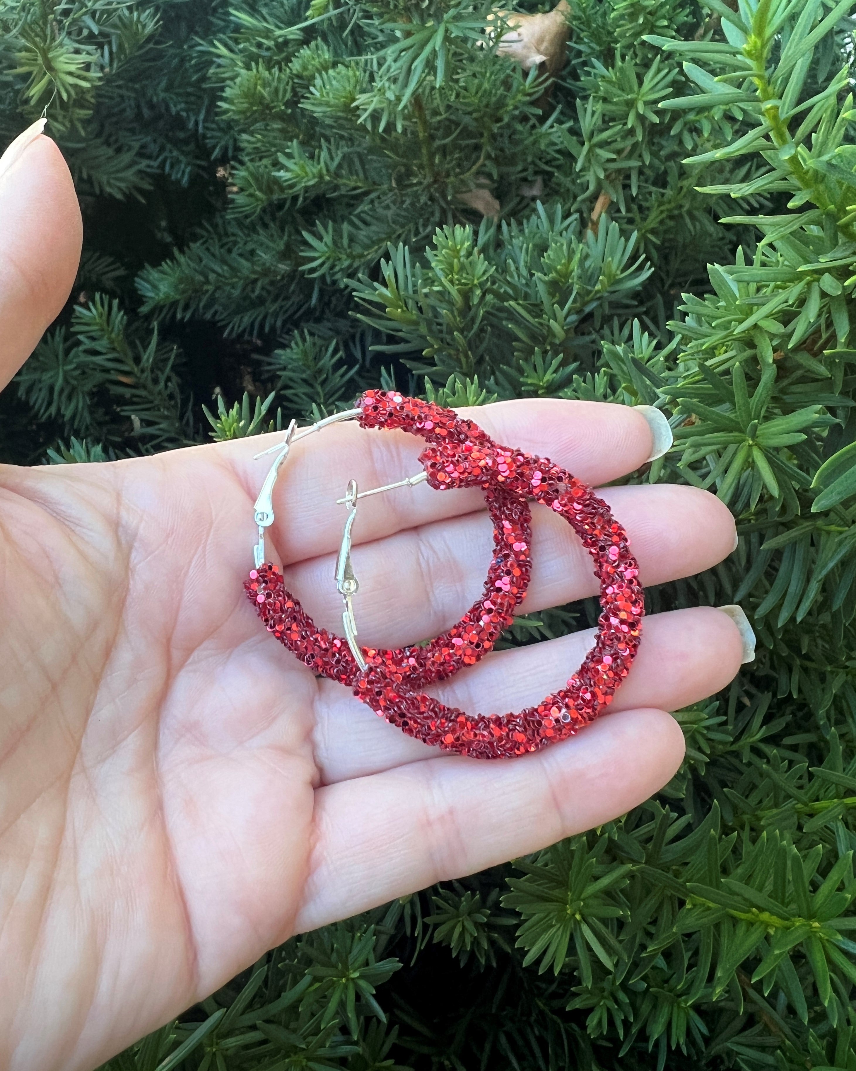 Red Glitter Hoop Earrings