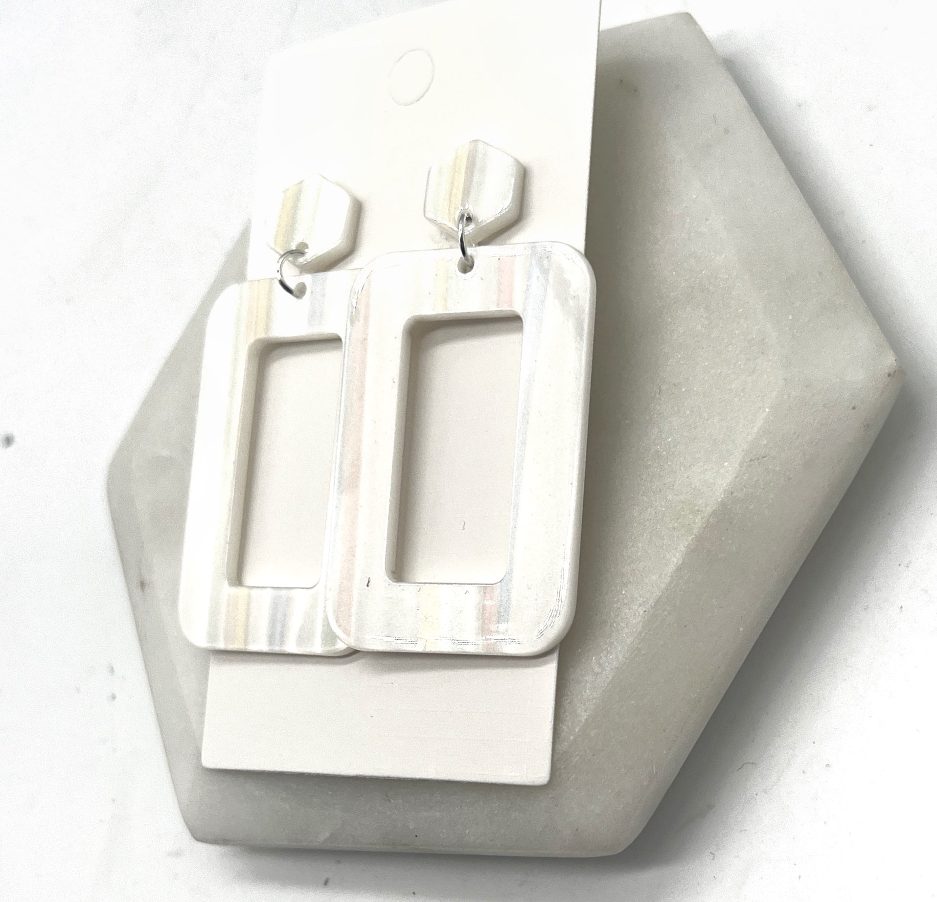 White Iridescent Rectangle Acrylic Earrings