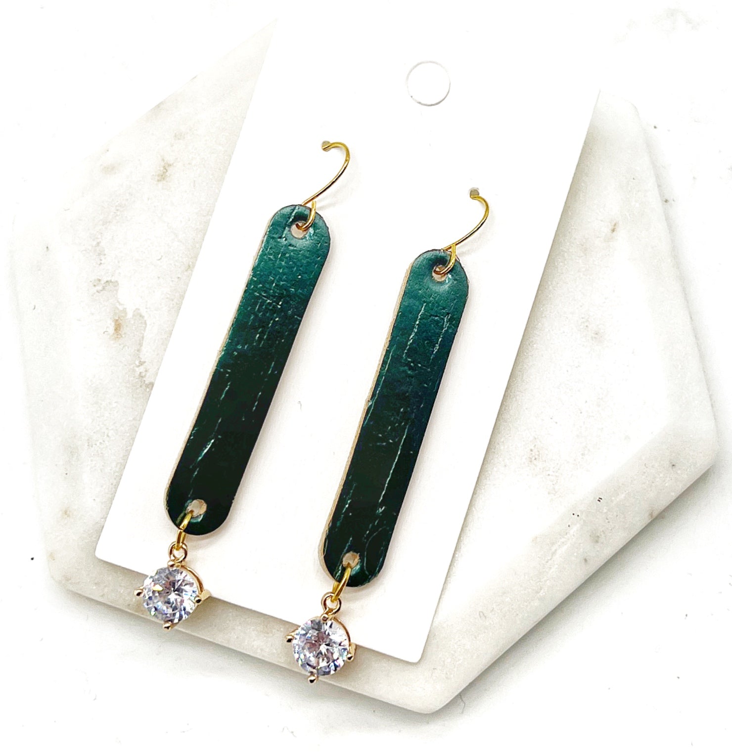 Cora Emerald Green Cork Leather and CZ Dangle Earrings