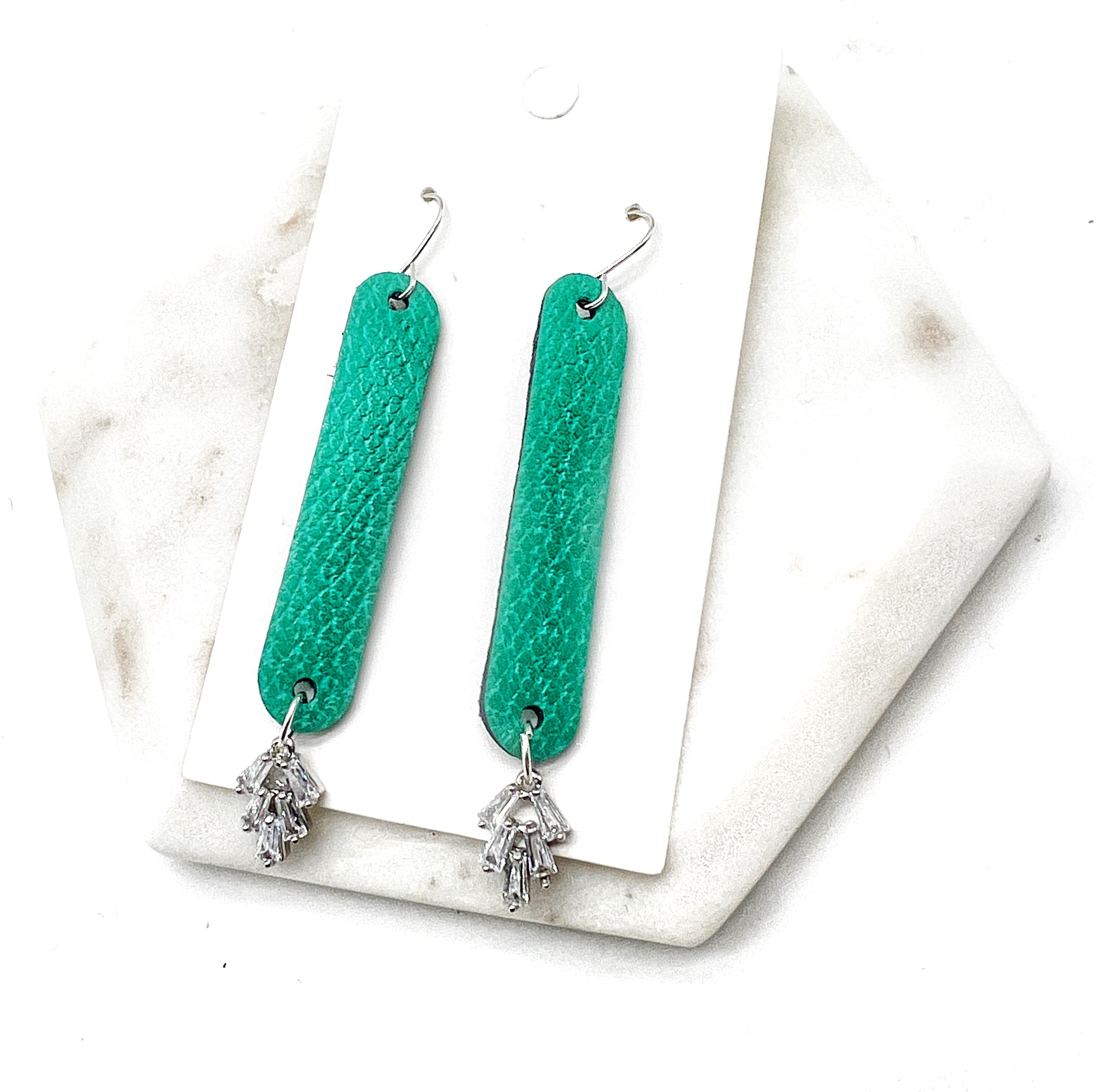 Cora Green Leather and CZ Flourish Earrings