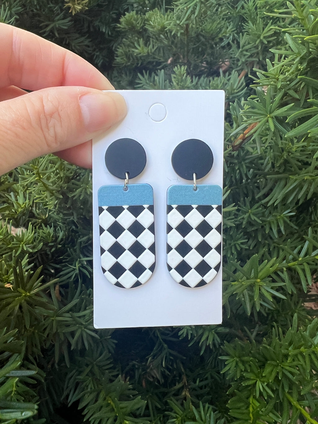 Black White Blue Checkered Deco Acrylic Earrings